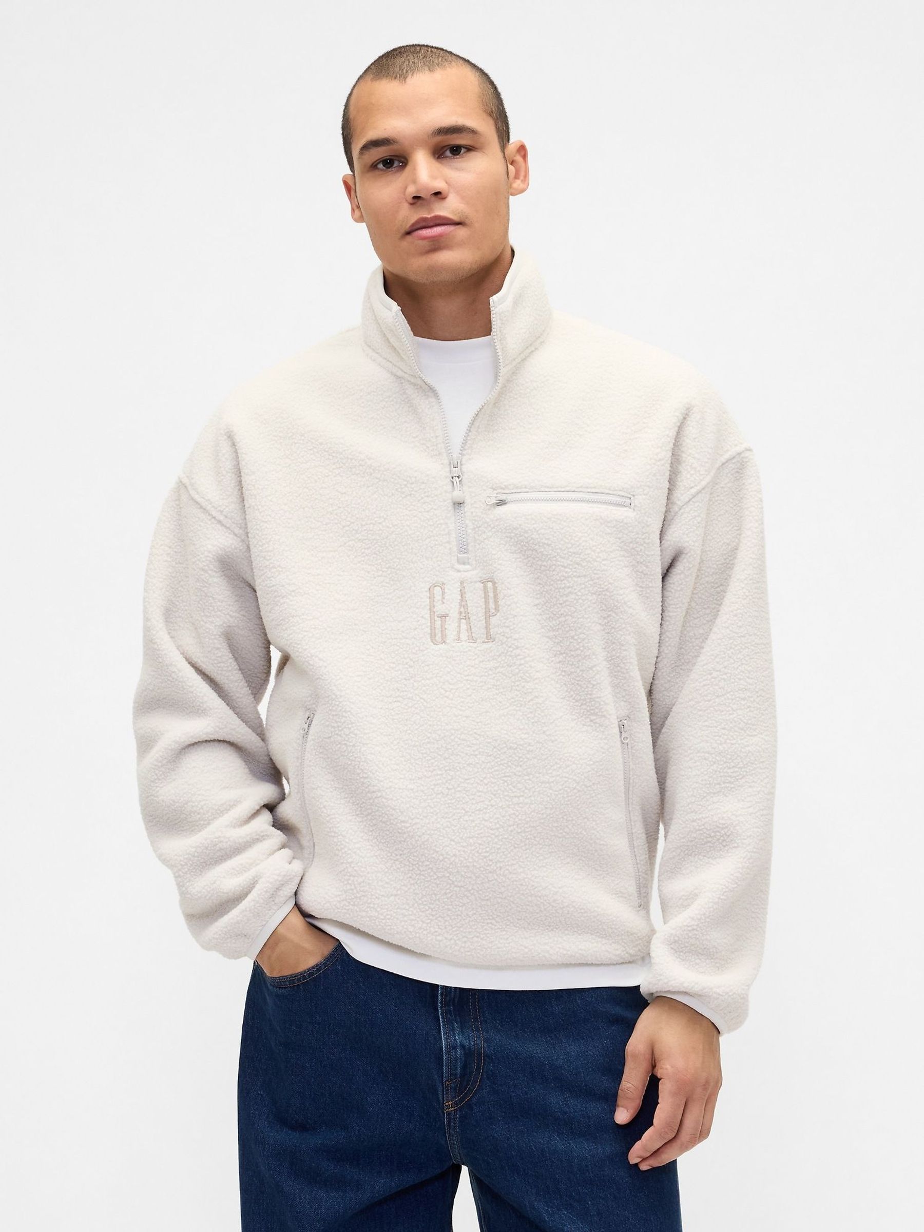 Cream Oversized Sherpa Half Zip Logo Pullover Sweatshirt (G07250) | £65
