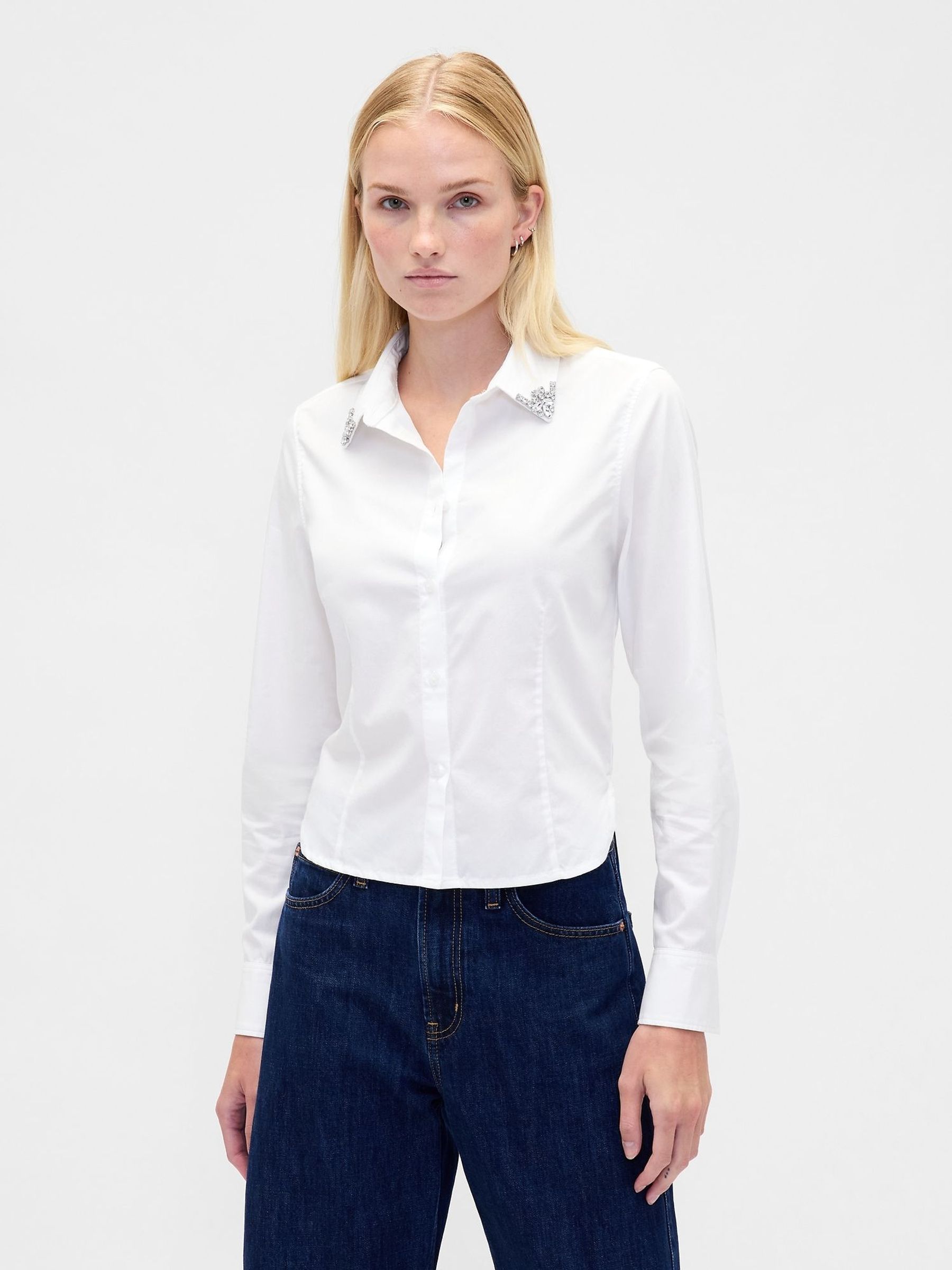 White Long Sleeve Fitted Crop Shirt (G07277) | £75