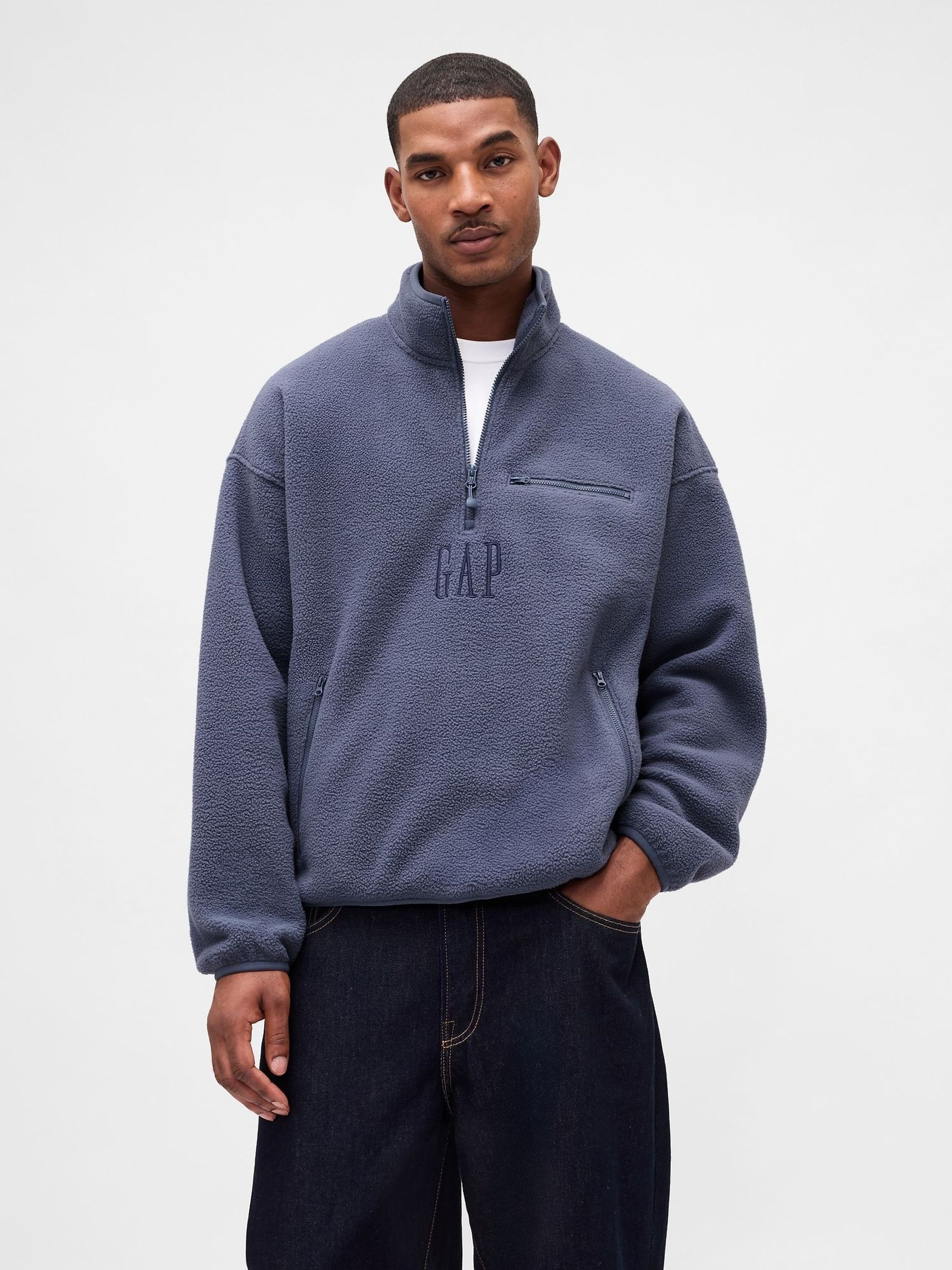 Blue Oversized Sherpa Half Zip Logo Pullover Sweatshirt (G07292) | £65