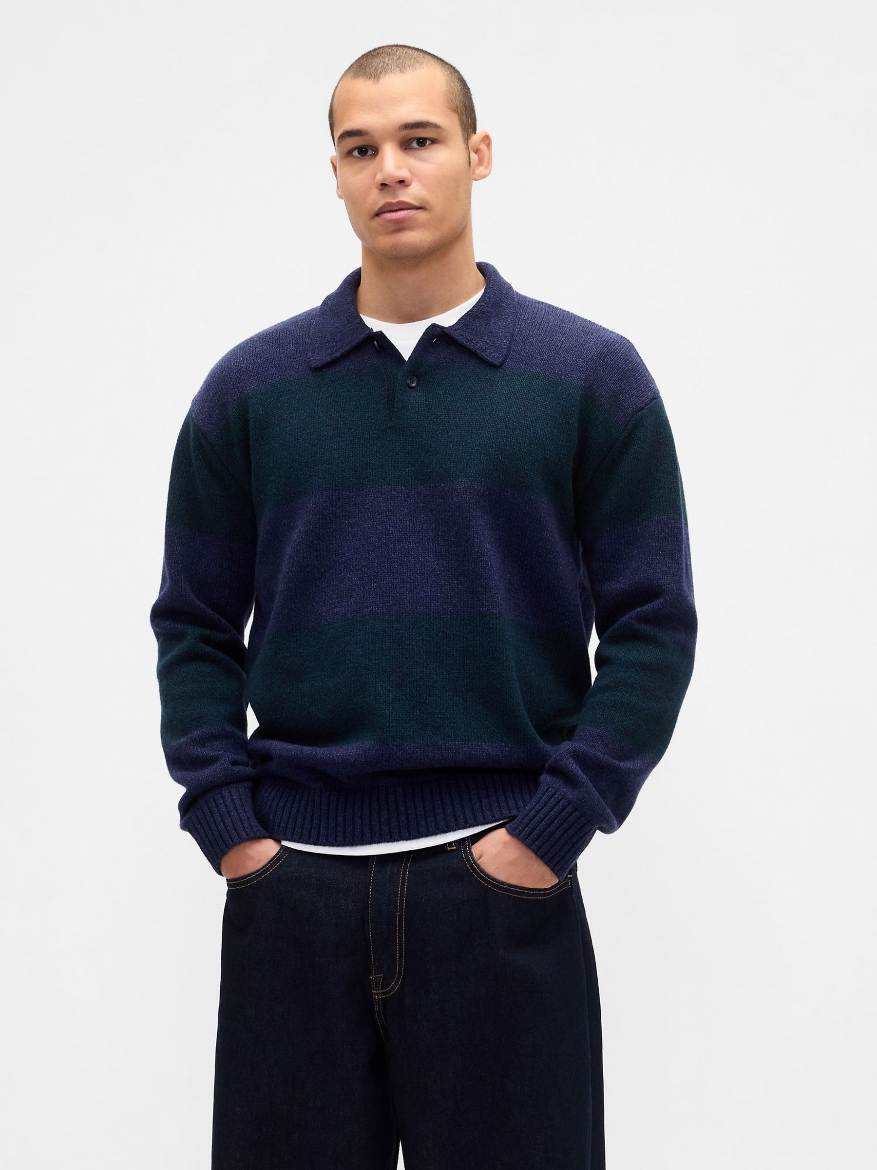 Green Rugby Stripe Relaxed Polo Sweatshirt (G07318) | £60