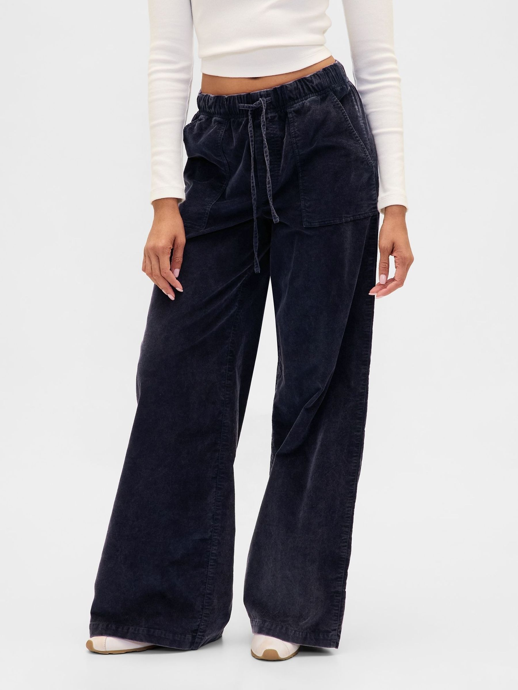 Navy Blue Mid Waisted Corduroy Baggy Trousers (G07381) | £60