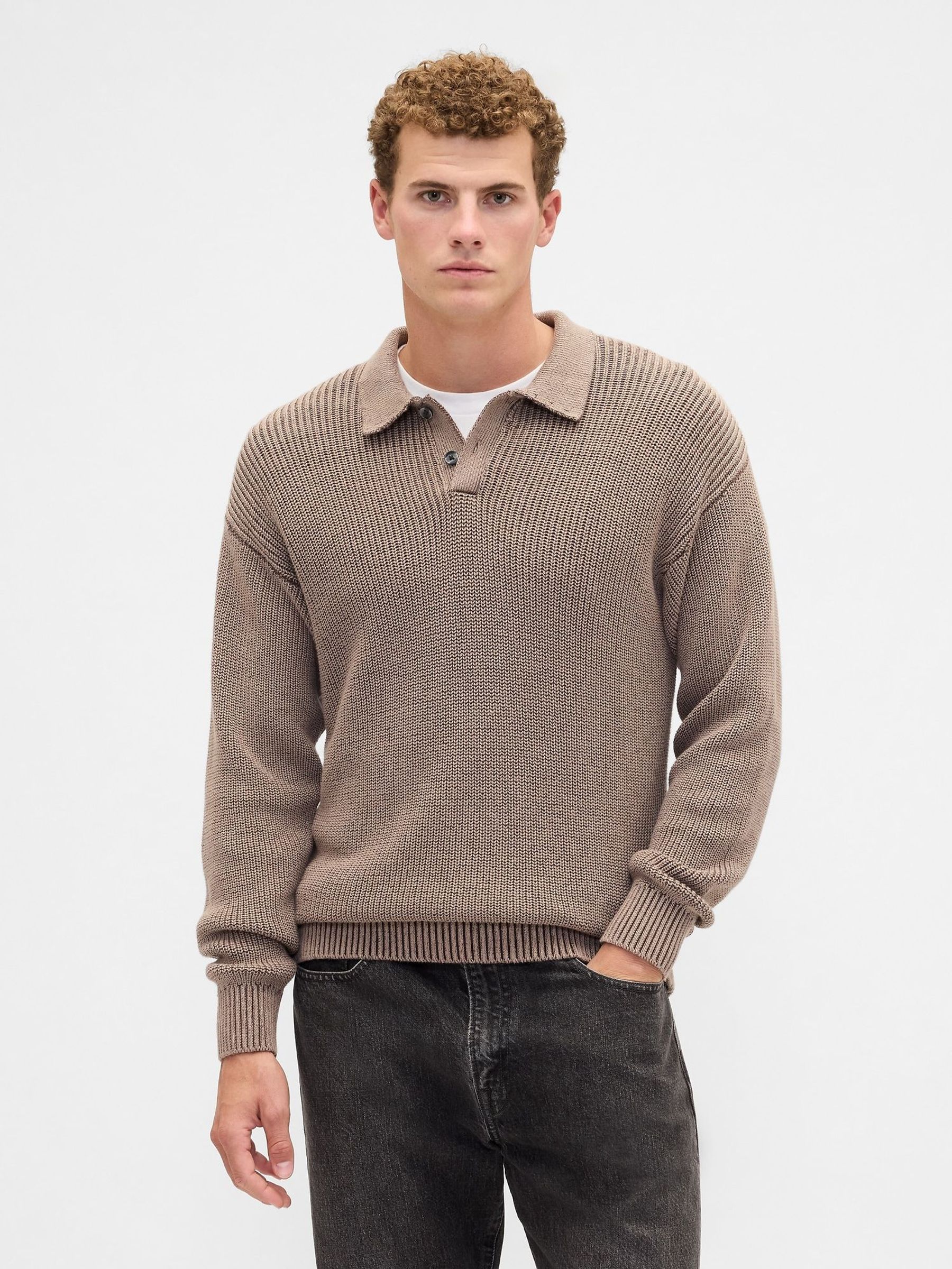 Brown Relaxed Ribbed Jumper Polo Shirt (G07405) | £45