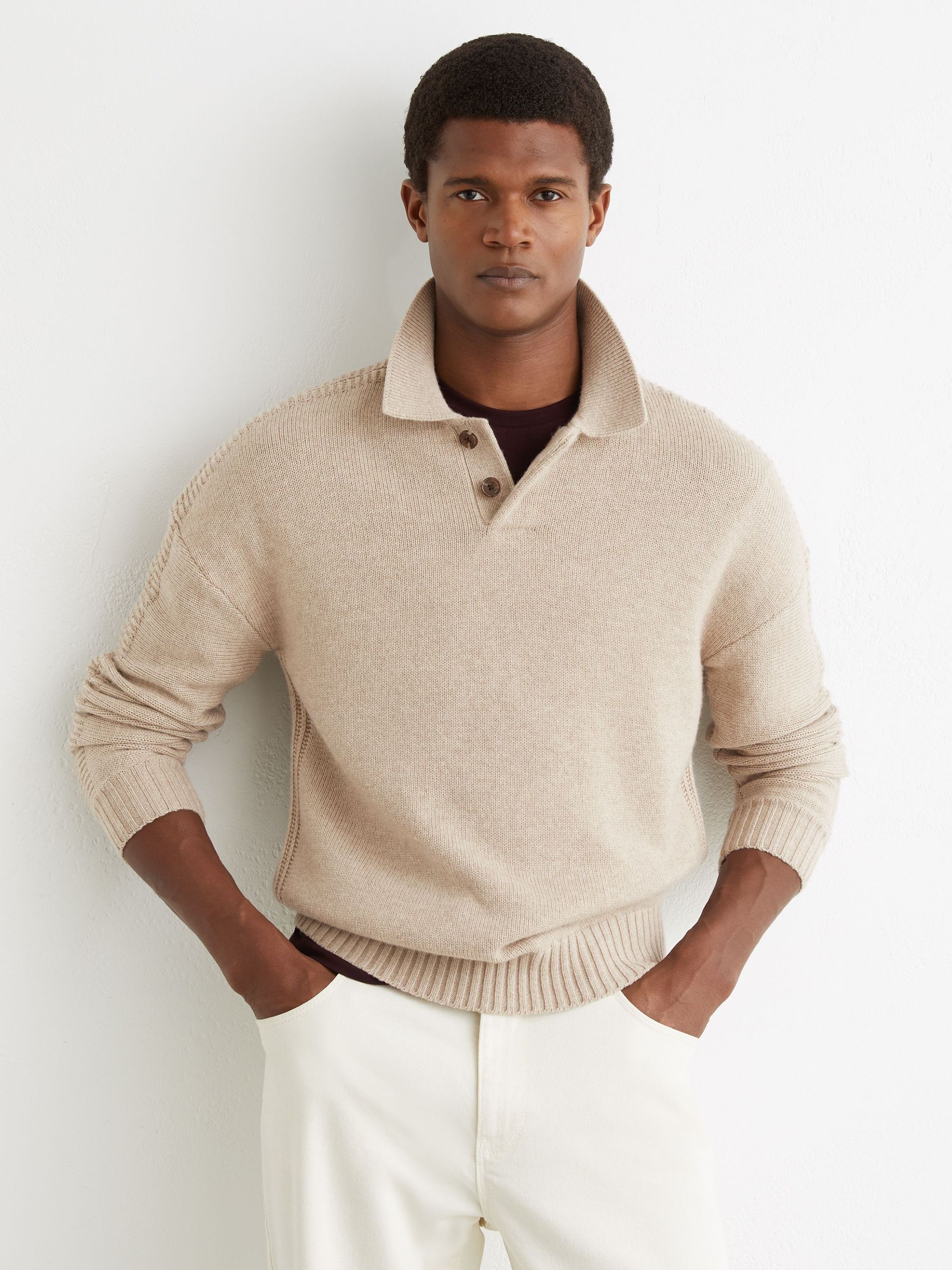 Wool-Blend Half-Button Polo Jumper in Oatmeal (G10532) | £138