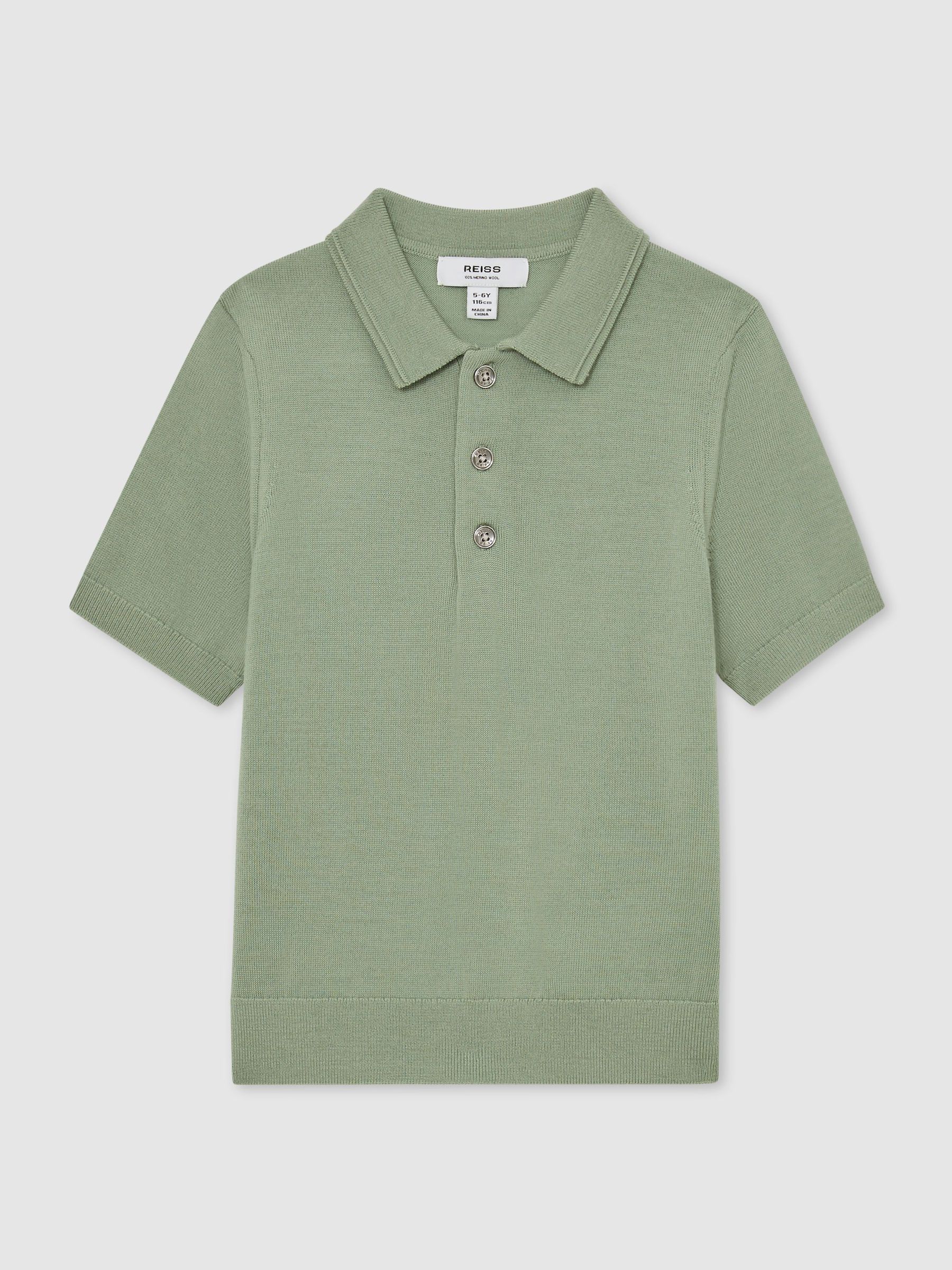 13-14 yrs Merino Wool Short-Sleeve Polo Shirt in Light Sage Green (G10550) | £38