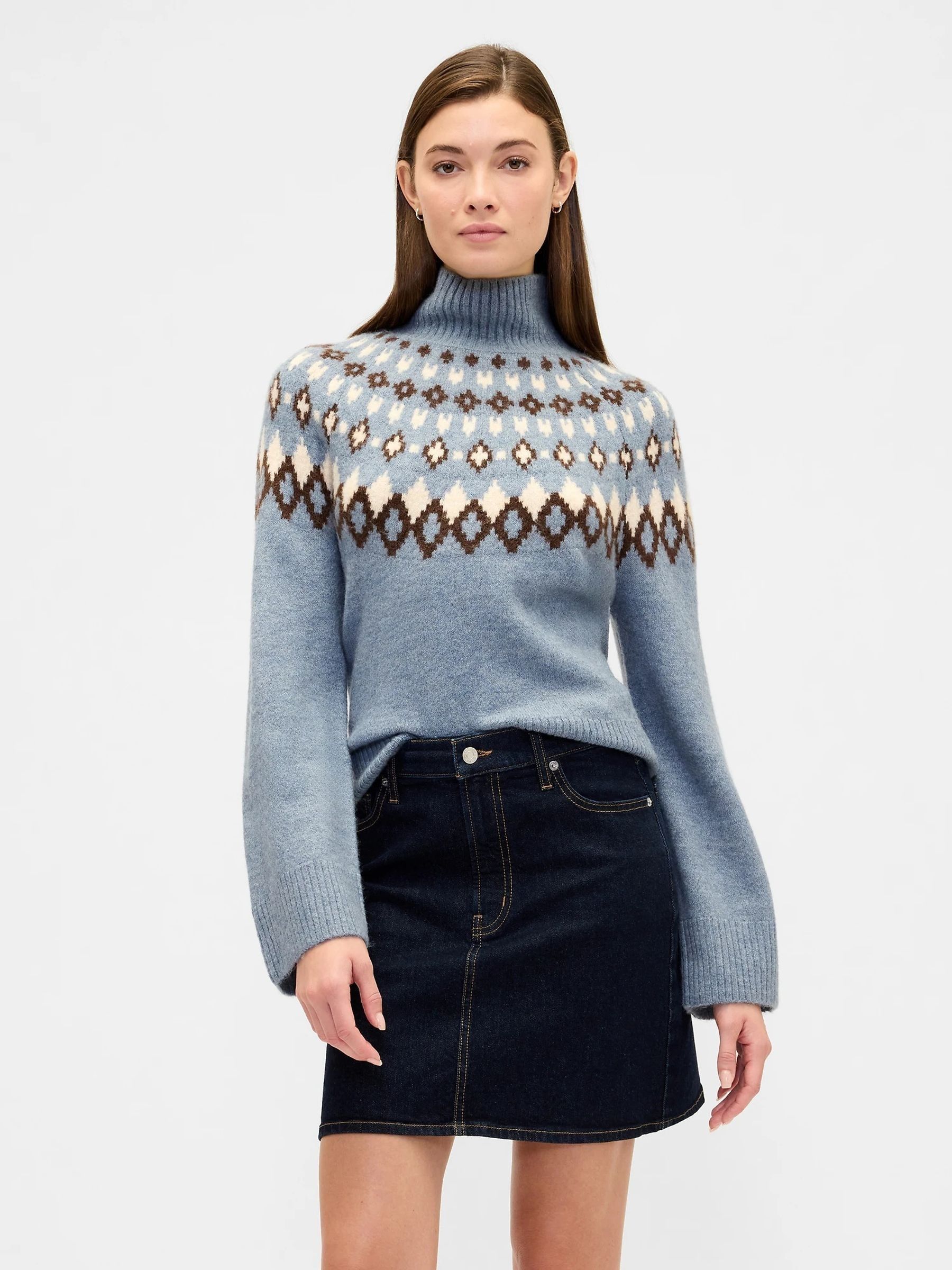Blue Relaxed Fairisle Pattern Mock Neck Jumper (G11572) | £46