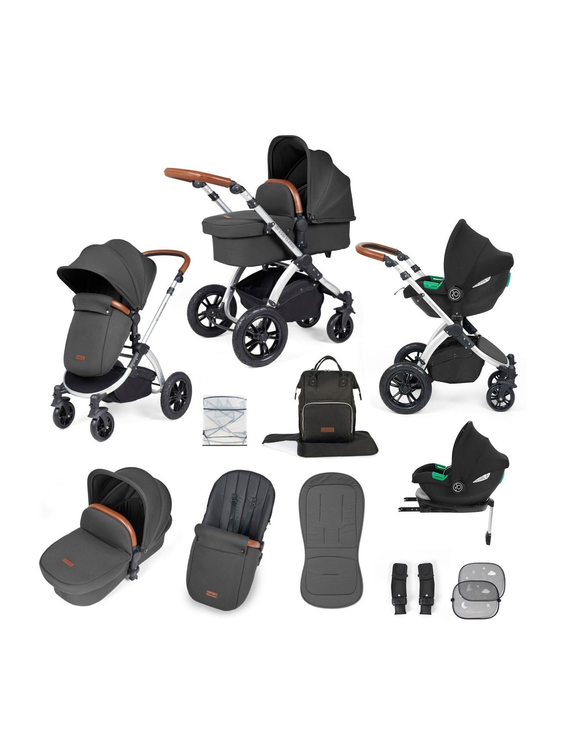 Ickle Bubba 12 Piece Charcoal Grey Stomp Luxe Travel System with iSize Cirrus Car Seat (G12251) | £600