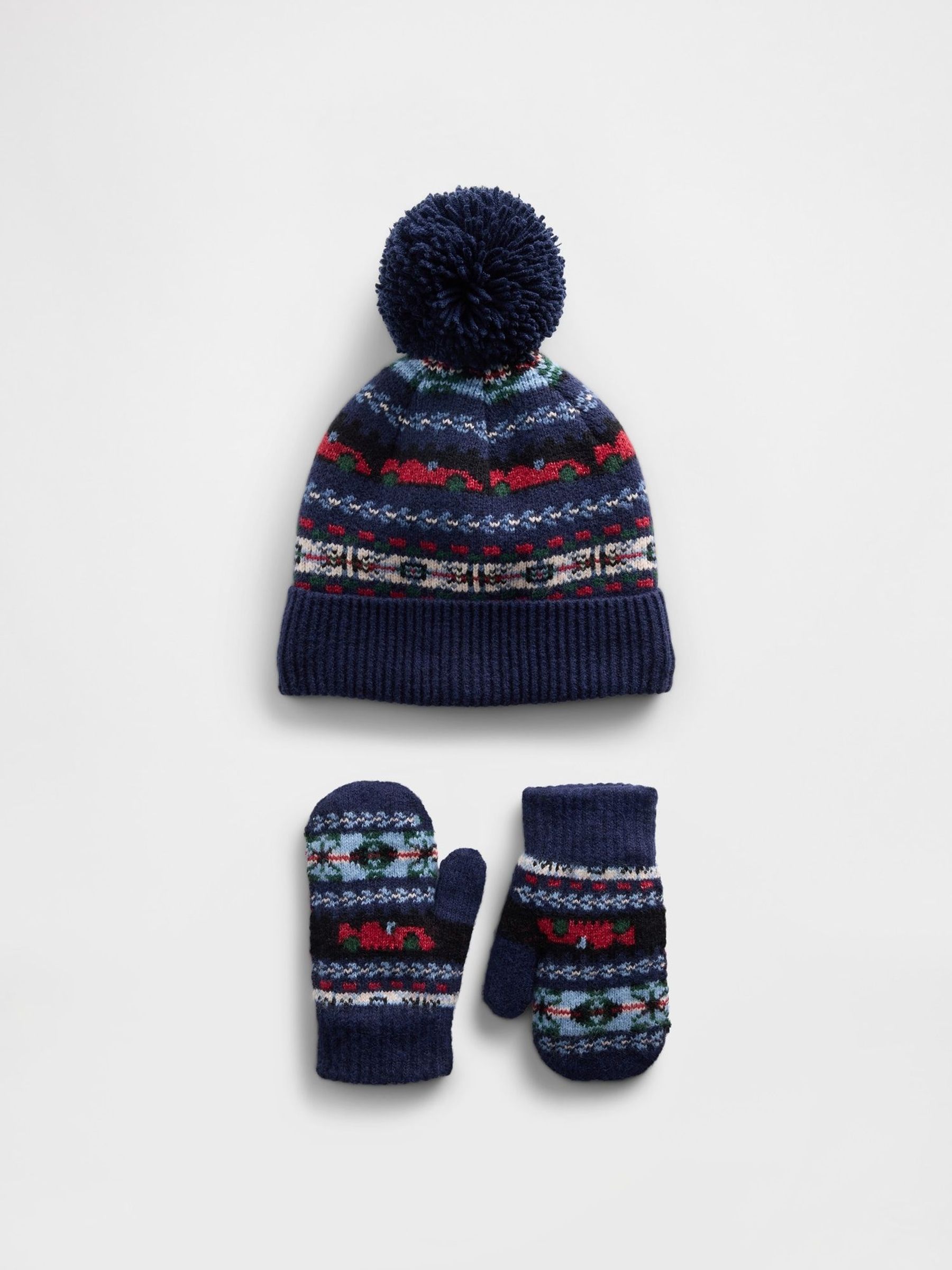 Navy Blue Fairisle Pom Beanie and Mittens Set (G12364) | £30