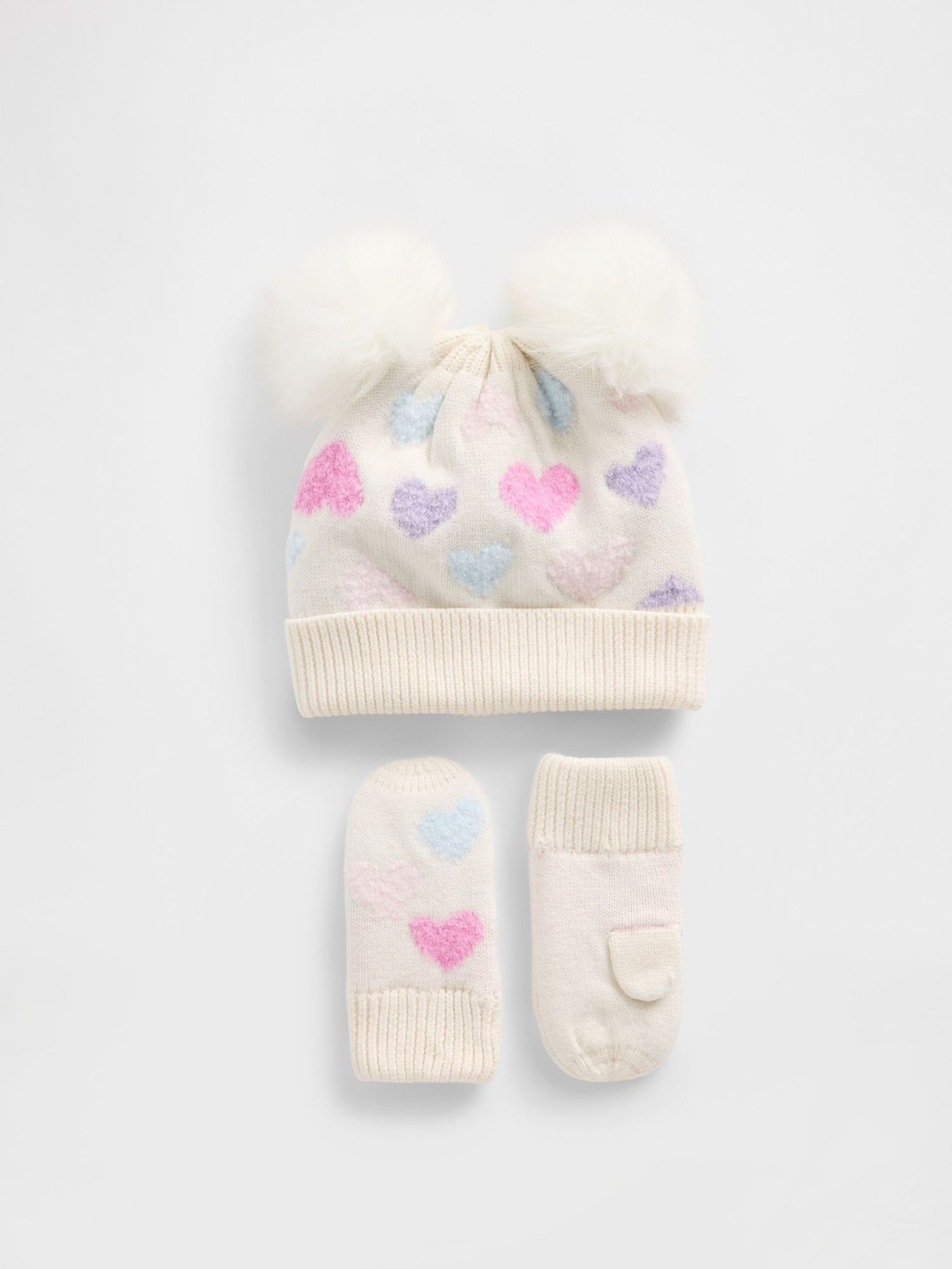 White Heart Pom Beanie and Mittens Set (G12375) | £30