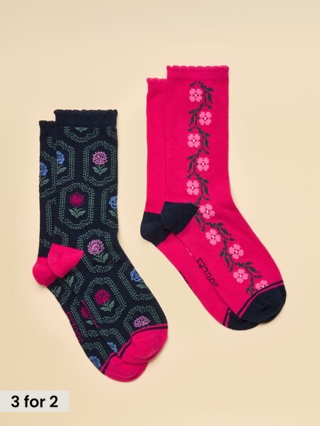 Navy & Pink Floral - Cotton Blend Socks 2 Pack (size 4-8)