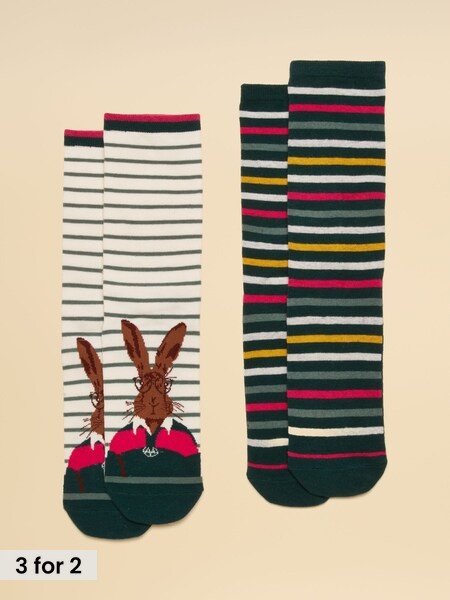 Pink & Green Hare - Cotton Blend Socks 2 Pack (size 4-8)