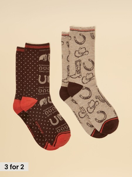 Brown & Neutral Rodeo - Cotton Blend Socks 2 Pack (size 4-8)
