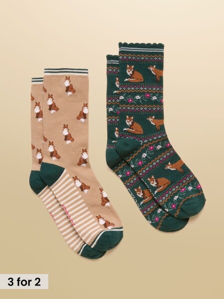 Neutral and Green Fox - Cotton Blend Socks 2 Pack (size 4-8)