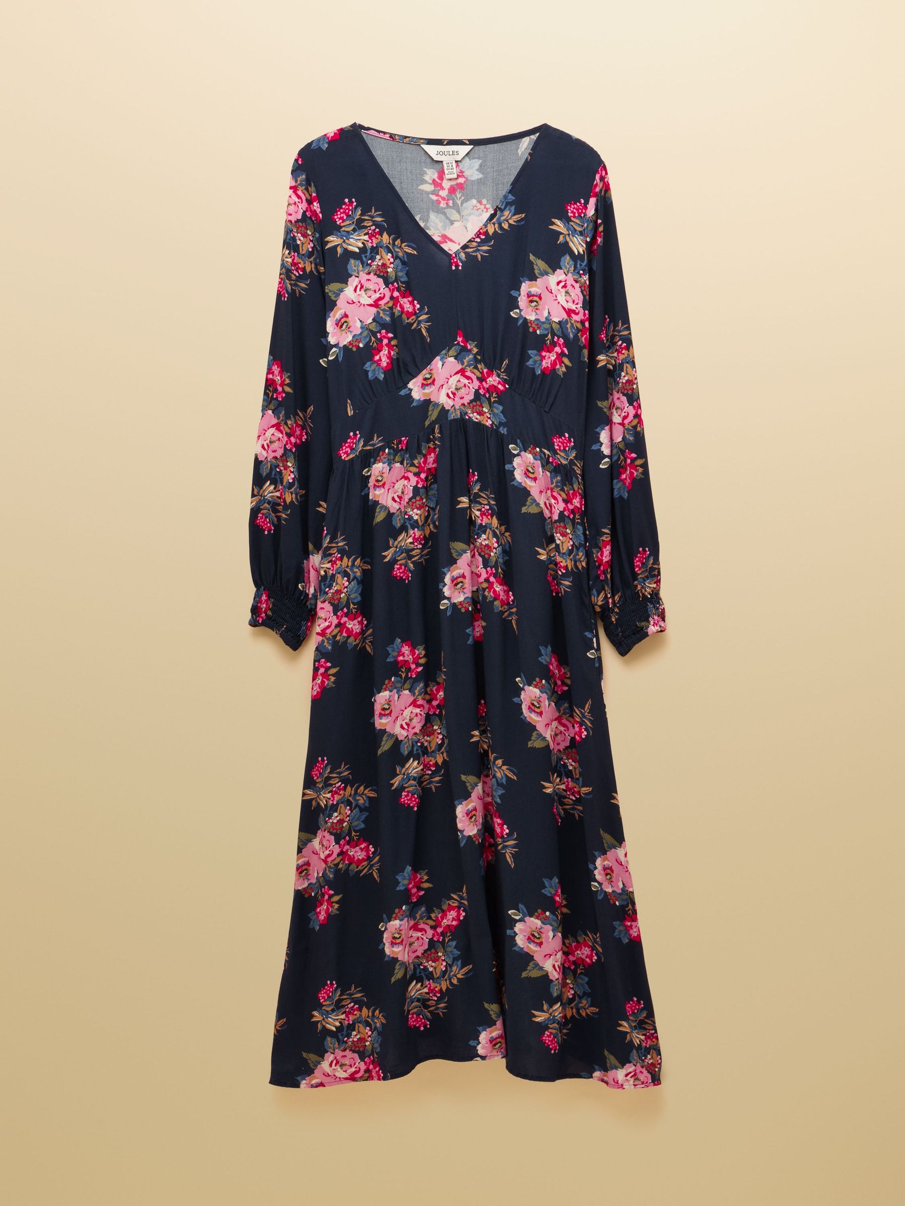 Navy - Floral Printed Long Sleeve Midi Dress
