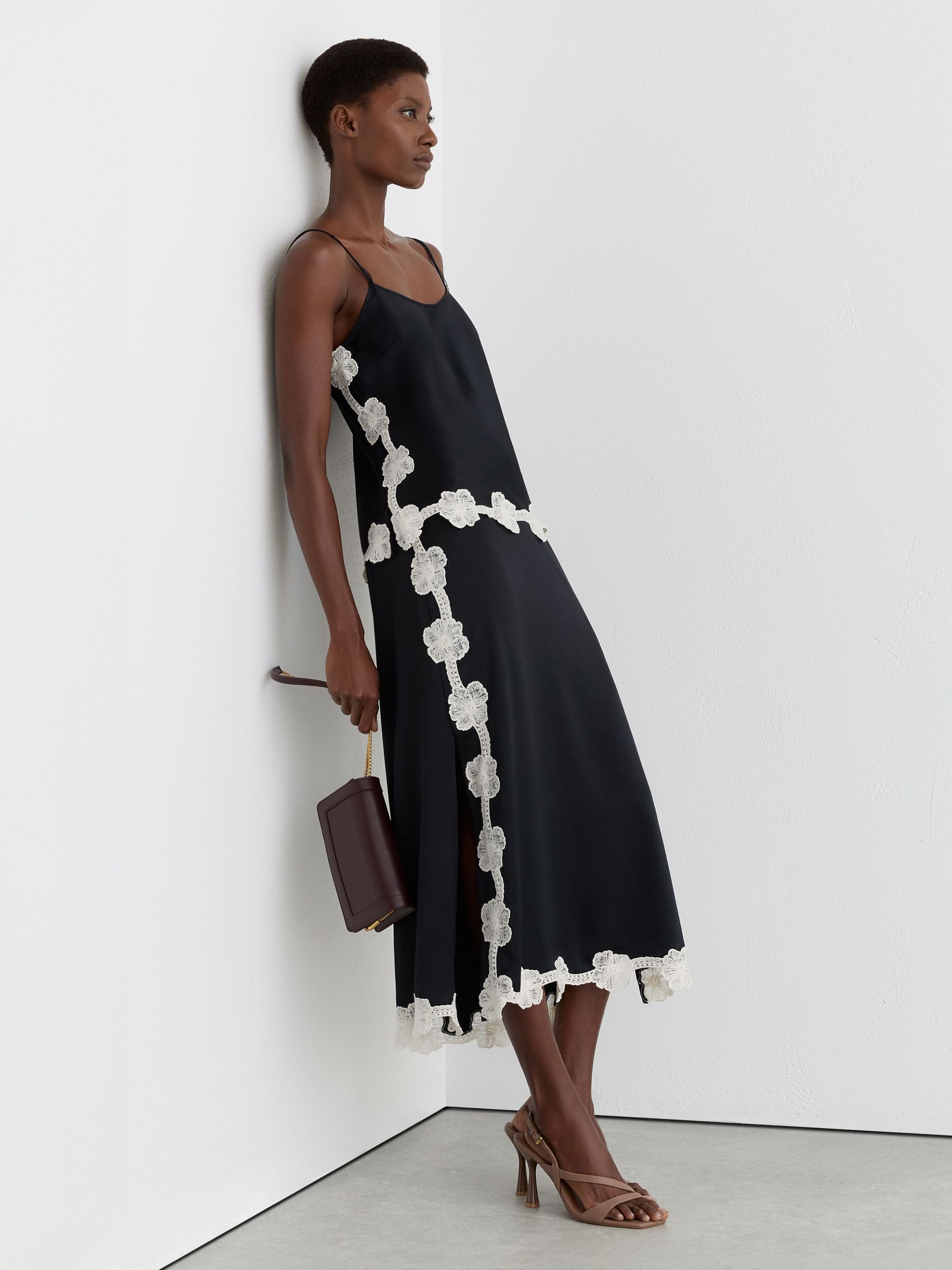 Satin Floral-Lace Trim Cami Top in Navy (G14536) | £120