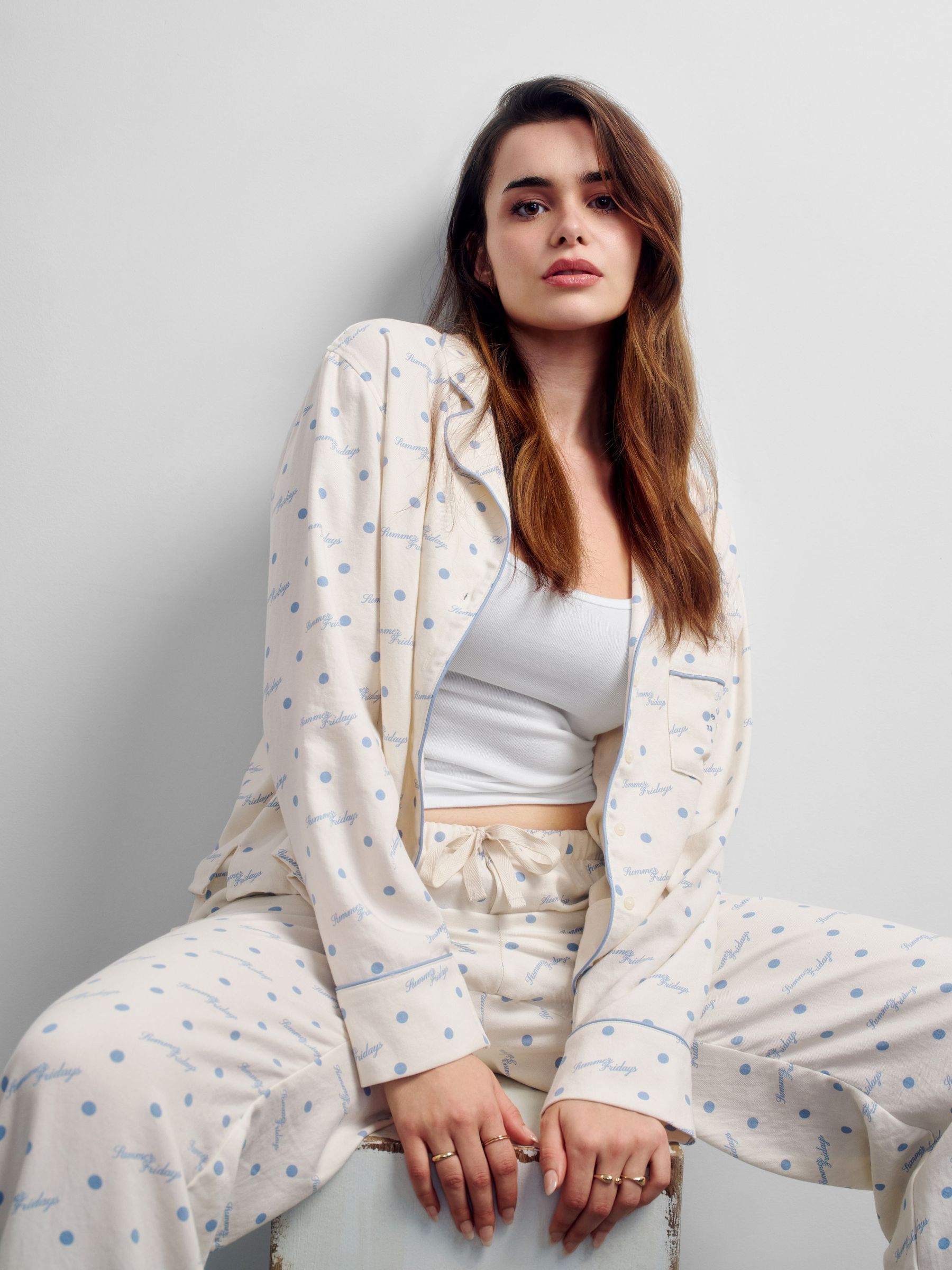Gap X Summer Fridays White/Blue Relaxed Flannel Dotted Pyjama Shirt (G14550) | £45