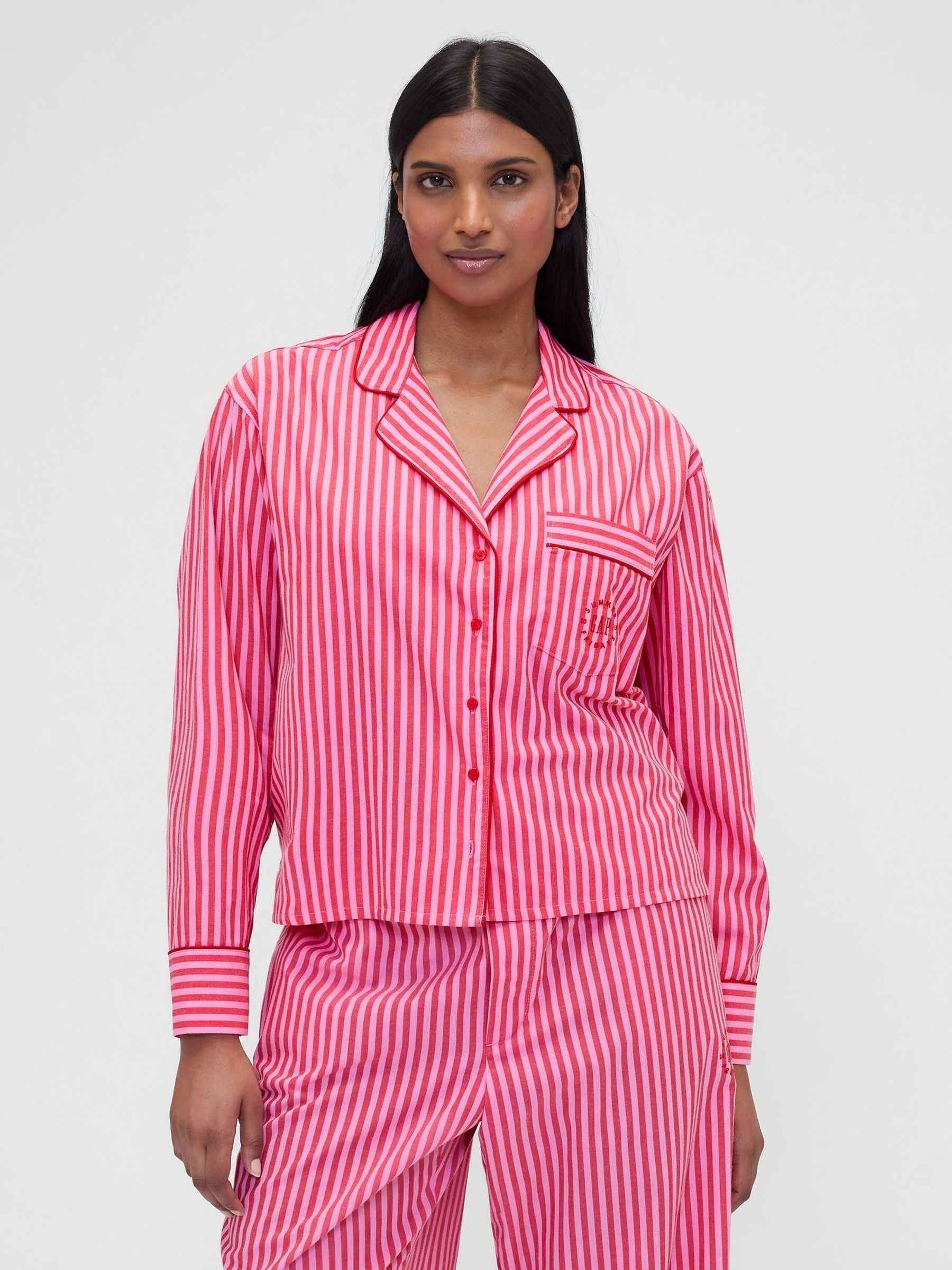 Gap X Summer Fridays Bright Pink/Red Relaxed Poplin Stripe Pyjama Shirt (G14585) | £45