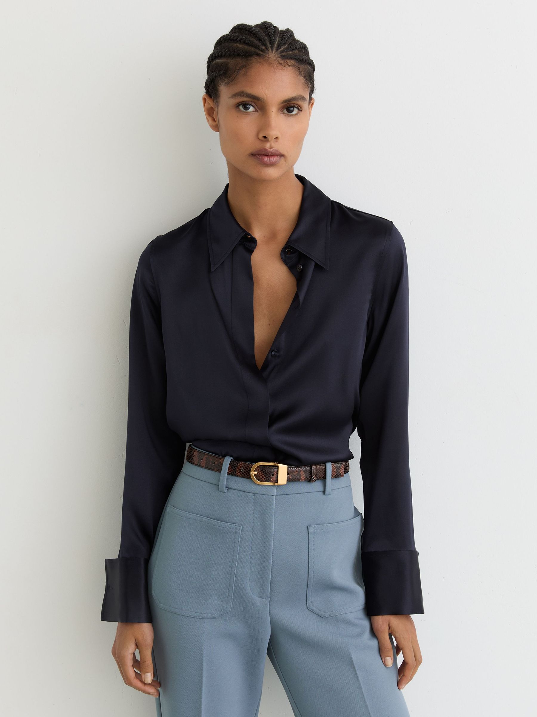 Silk-Satin Concealed-Placket Shirt in Navy (G15173) | £198
