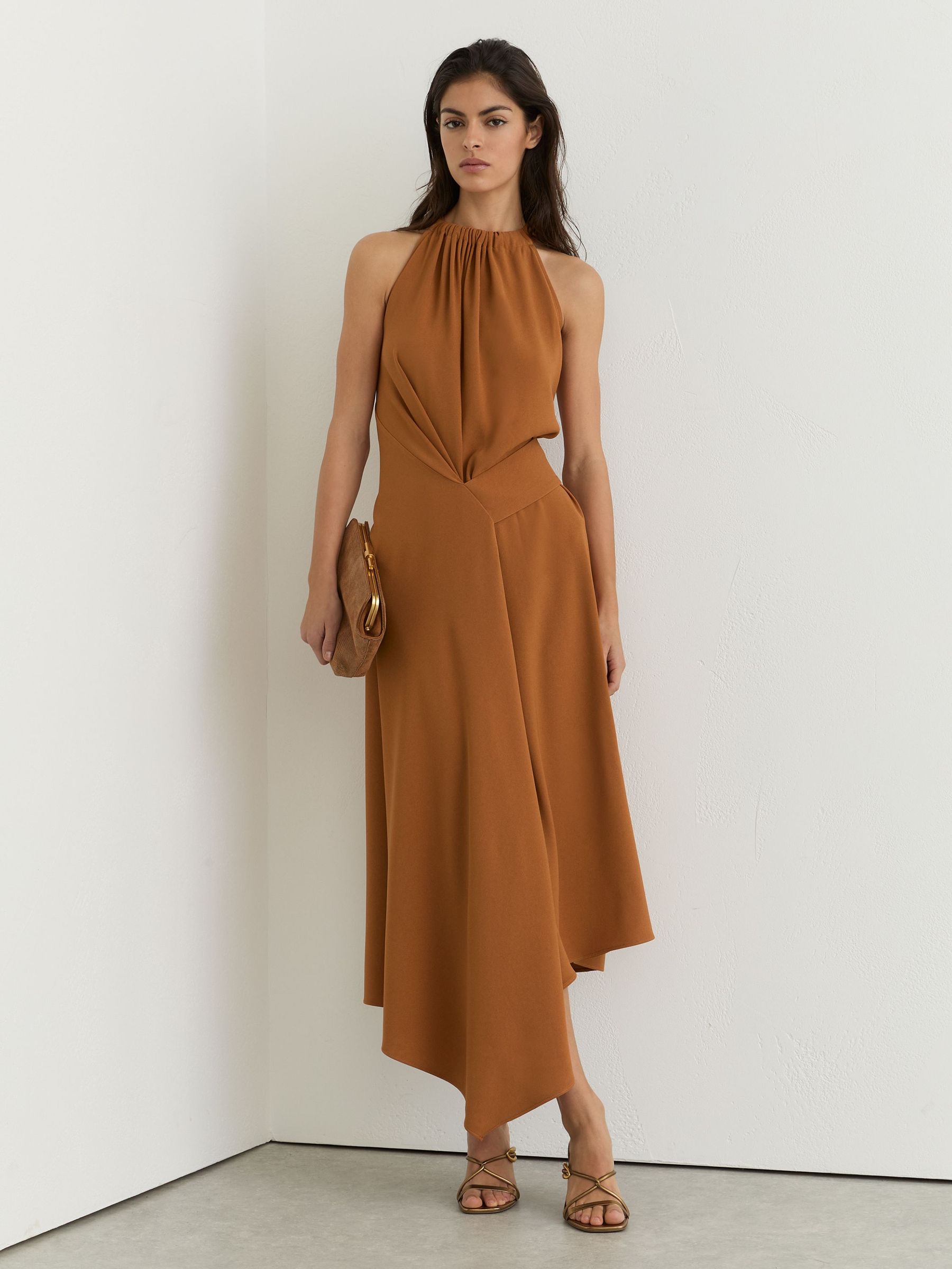 Drape-Detail Sleeveless Midi Dress in Rust Orange (G15763) | £180