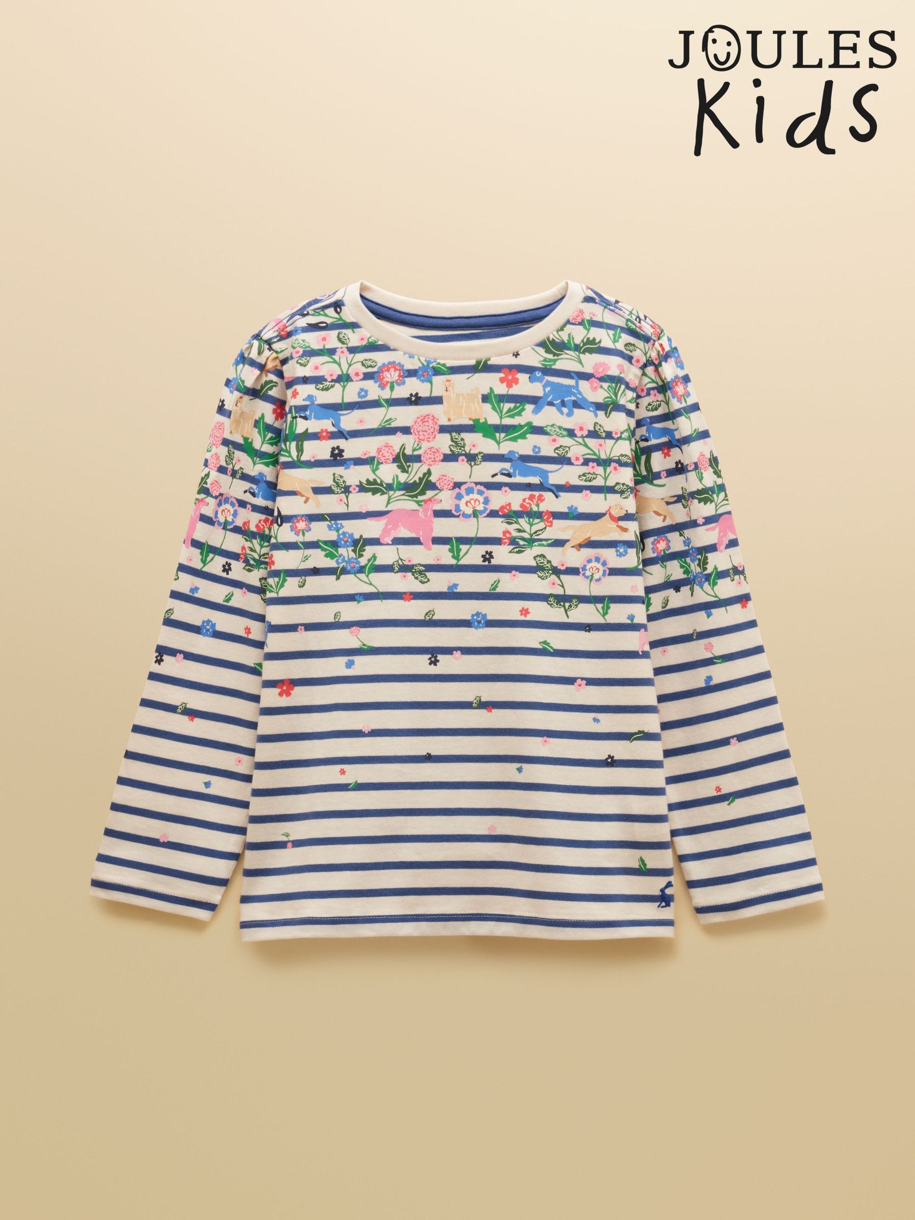 Cream & Blue Striped - Long Sleeve Printed Cotton Top