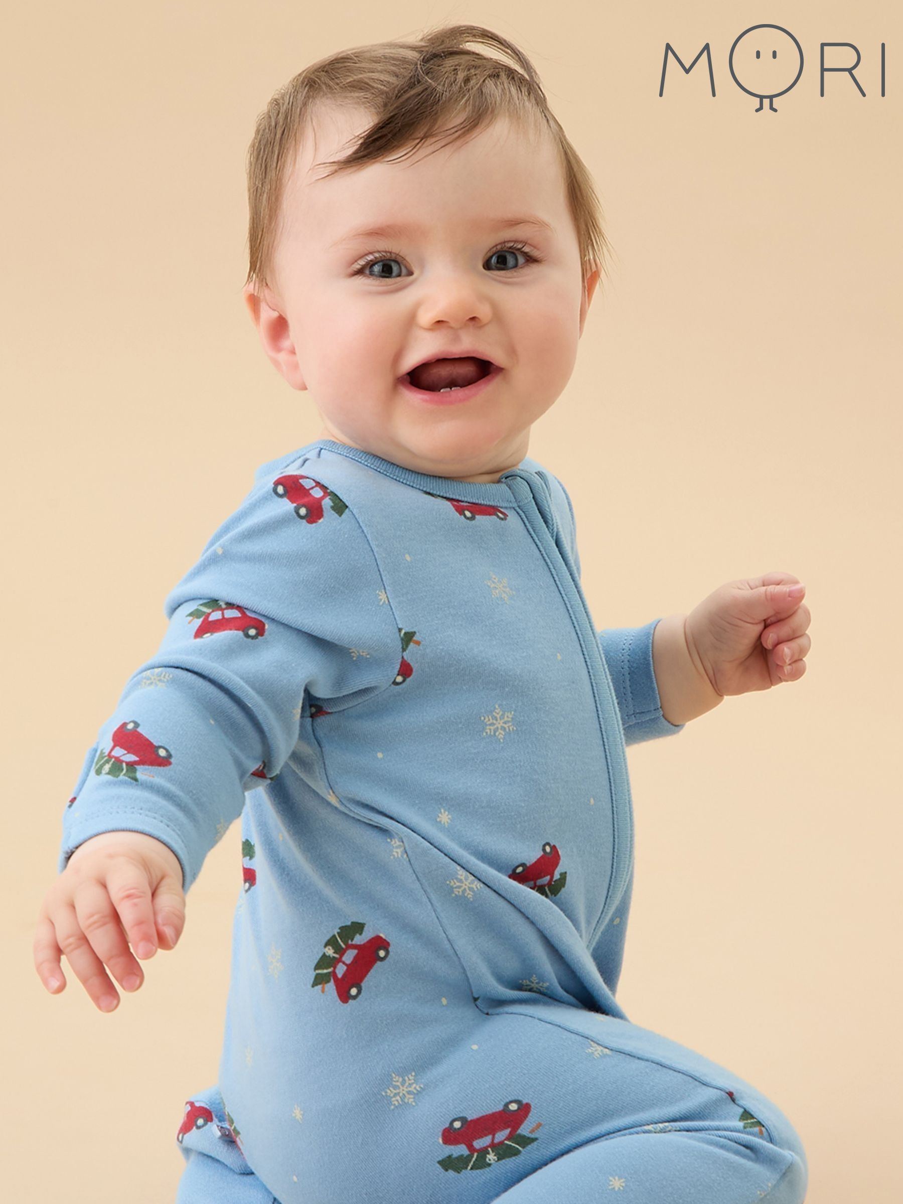 MORI Blue Snowy Car Supersoft Two Way Zip-Up Christmas Sleepsuit (G18745) | £34