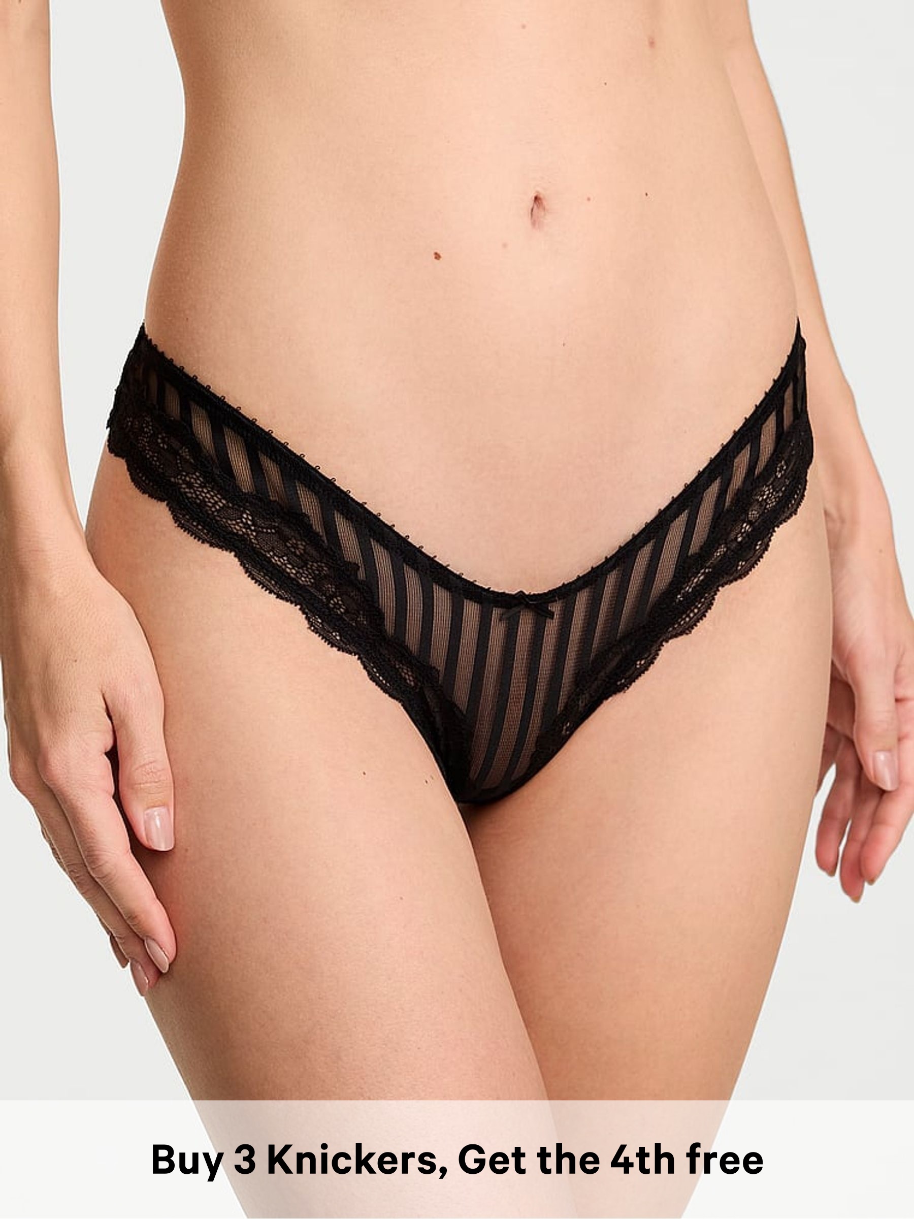 Black Thong Striped Lace Knickers (G19431) | £18