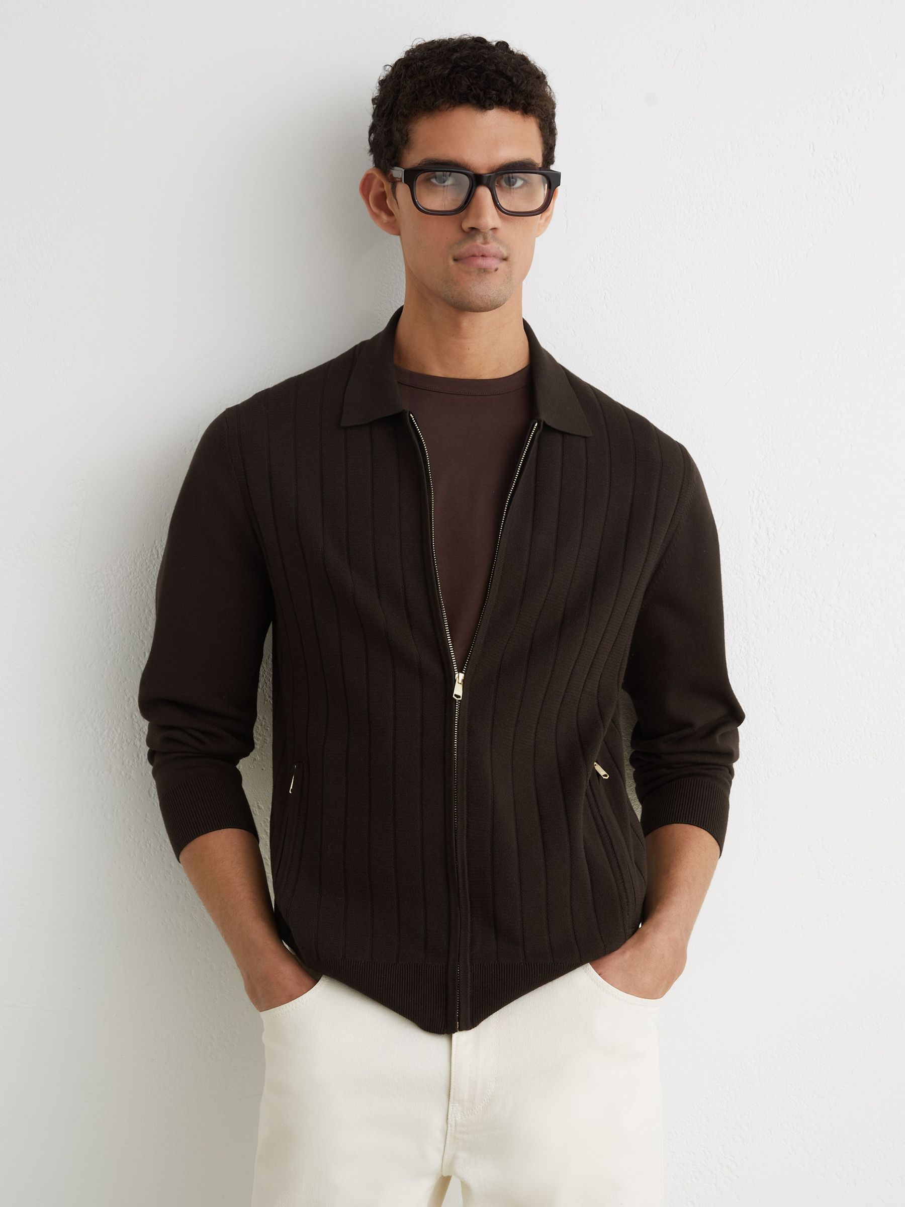 Wide-Rib Zip-Through Cardigan in Chocolate Brown (G19835) | £138