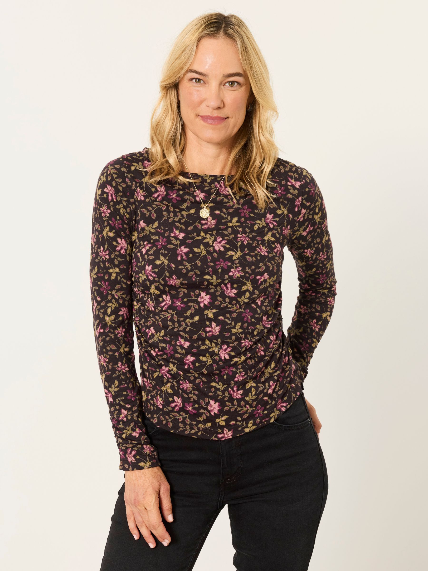 Brown Winter Floral - Ruched Long Sleeve Top