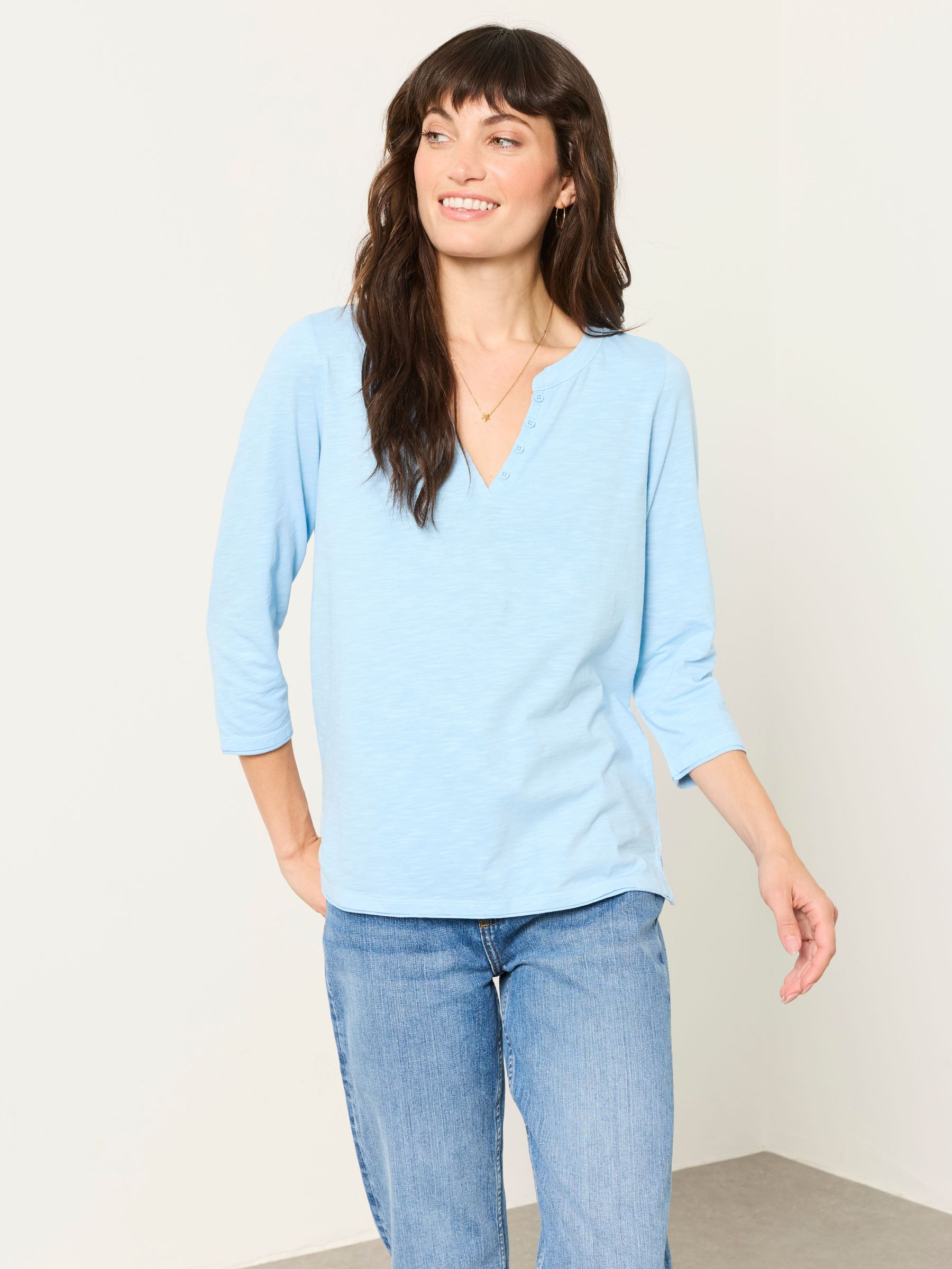 Pale Blue - 3/4 Sleeve V-neck T-shirt