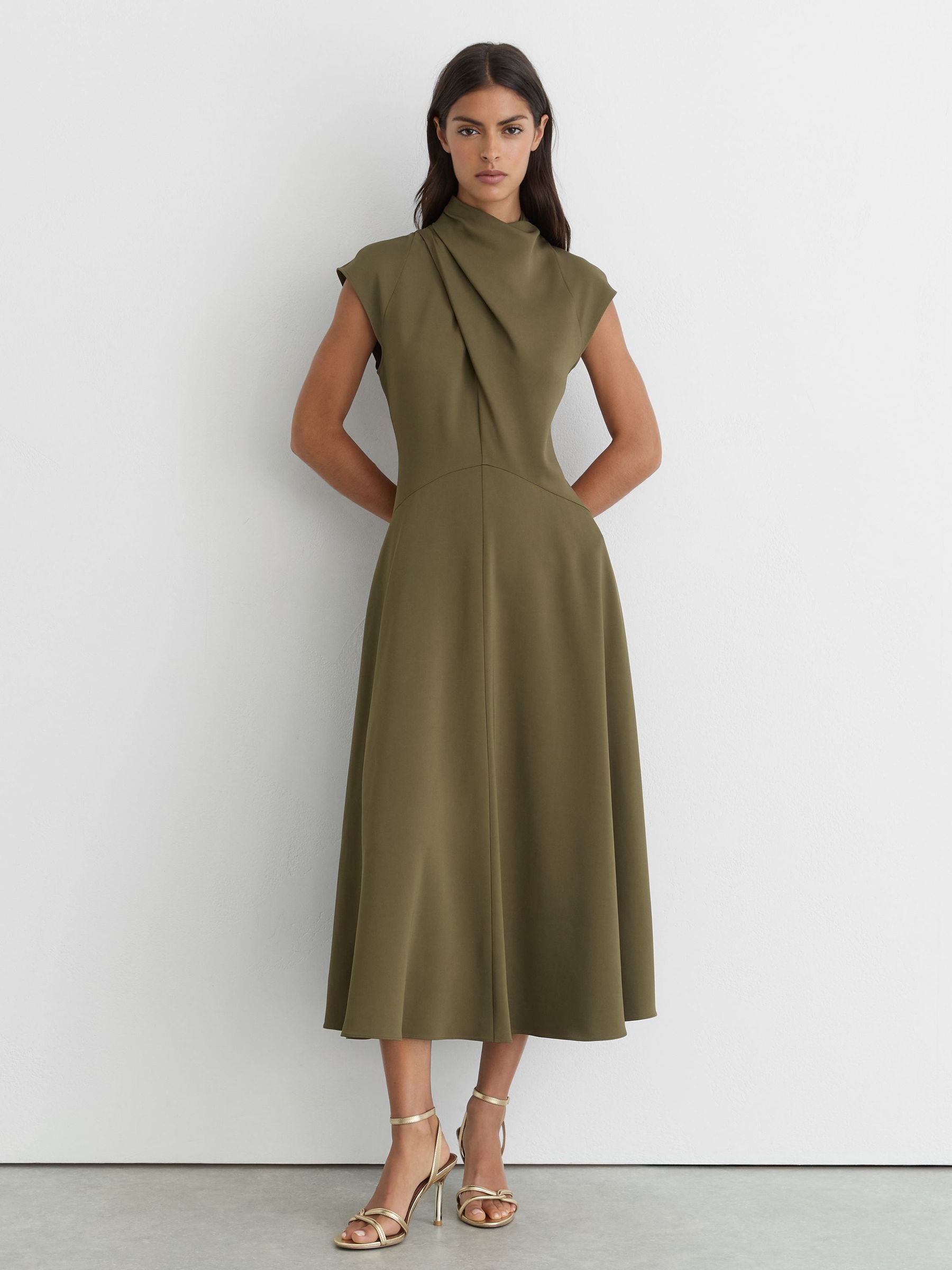 Khaki Green - High-neck Pleat-detail Midi Dress