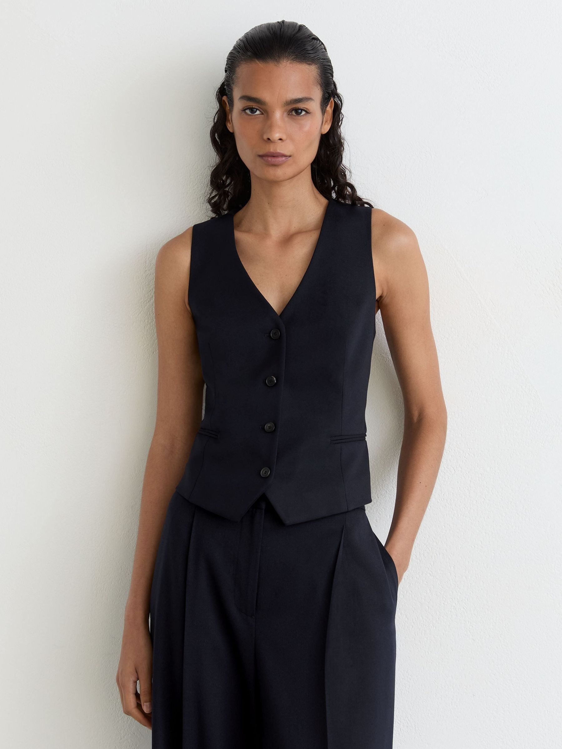 Navy - Wool-blend Tailored Waistcoat