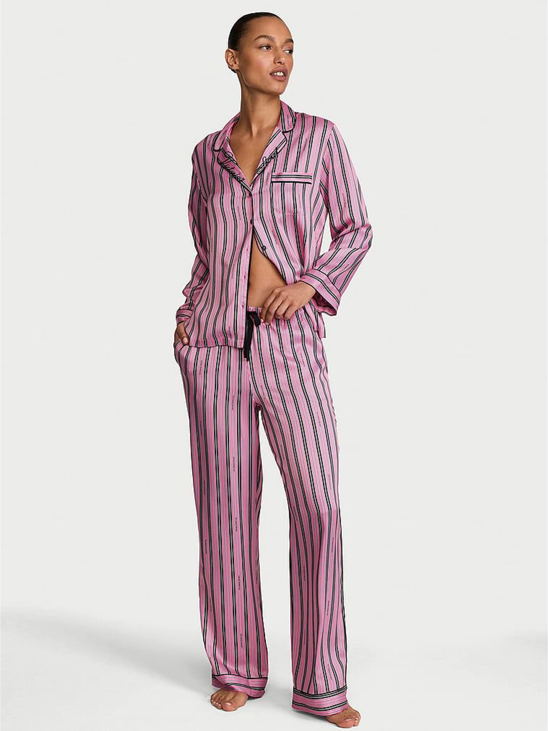 Pink Stripe - Satin Long Pyjamas Set