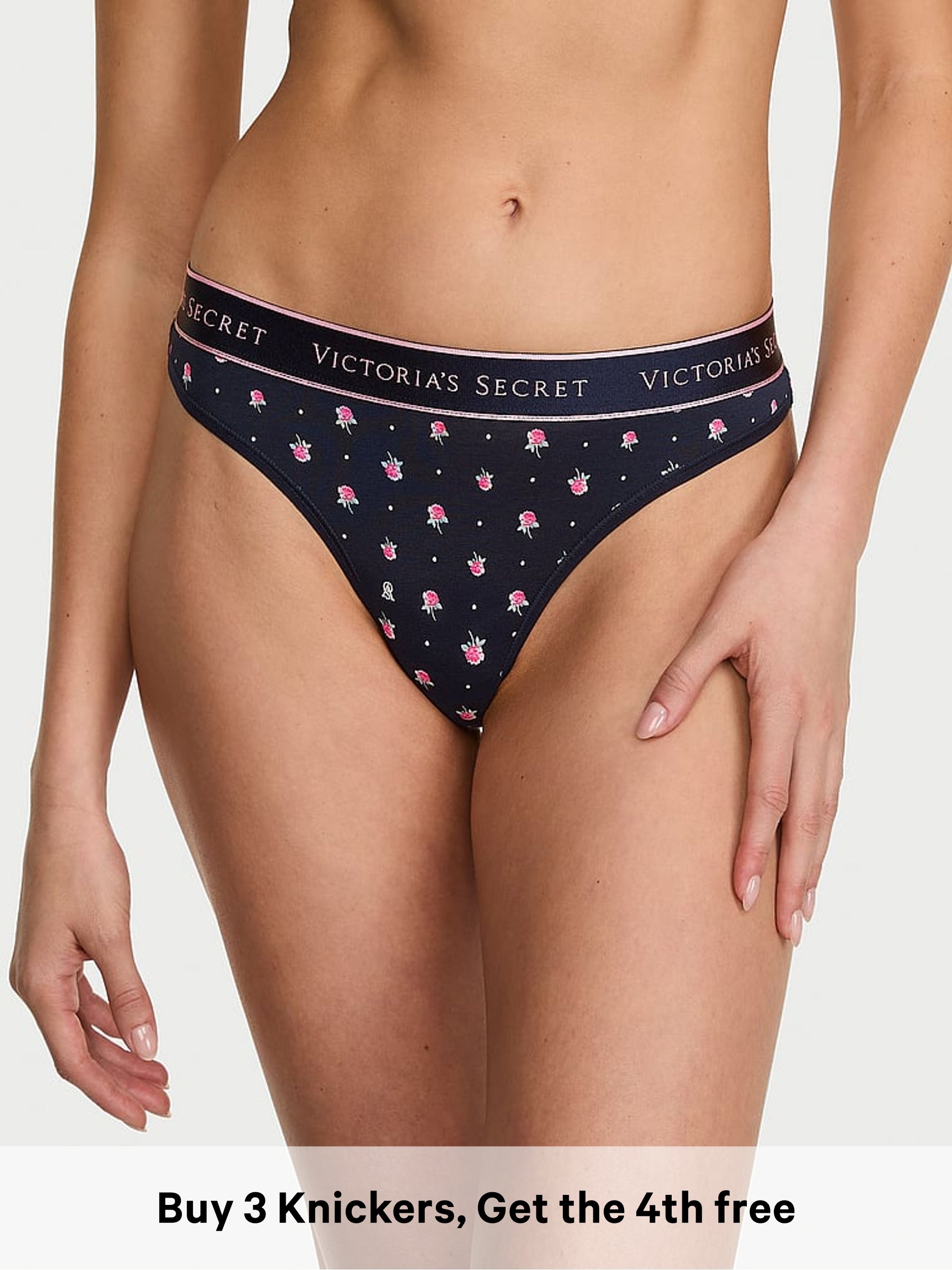 Navy Blue Floral - Thong Logo Knickers