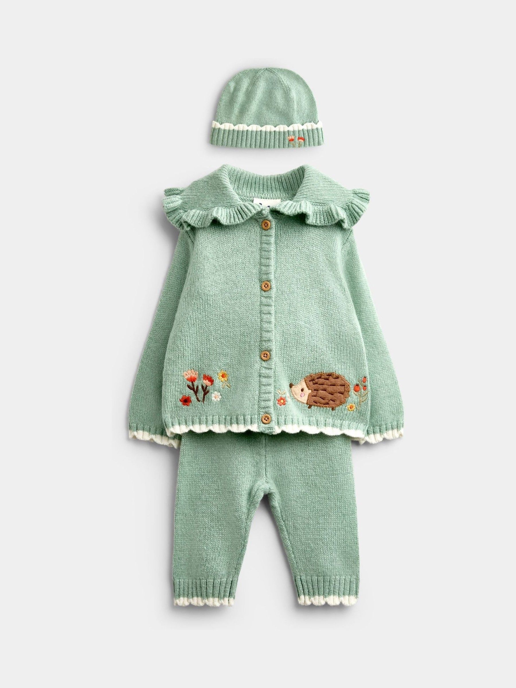 Sage Green Hedgehog - Knit Cardigan, Leggings & Hat Set