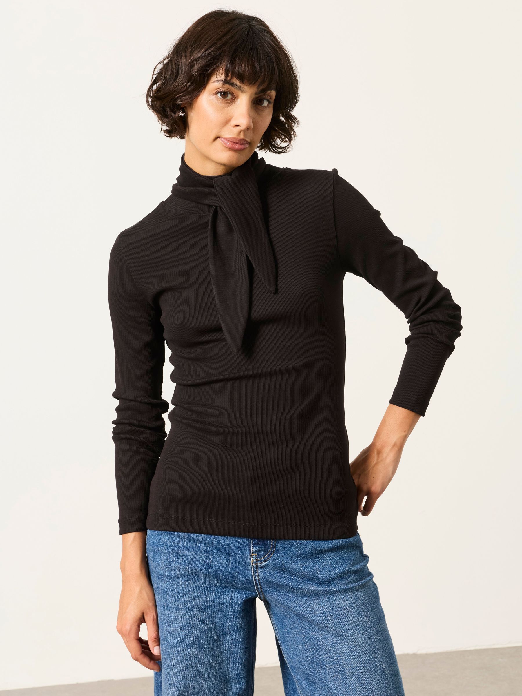 Black - Tie Neck Long Sleeve Top