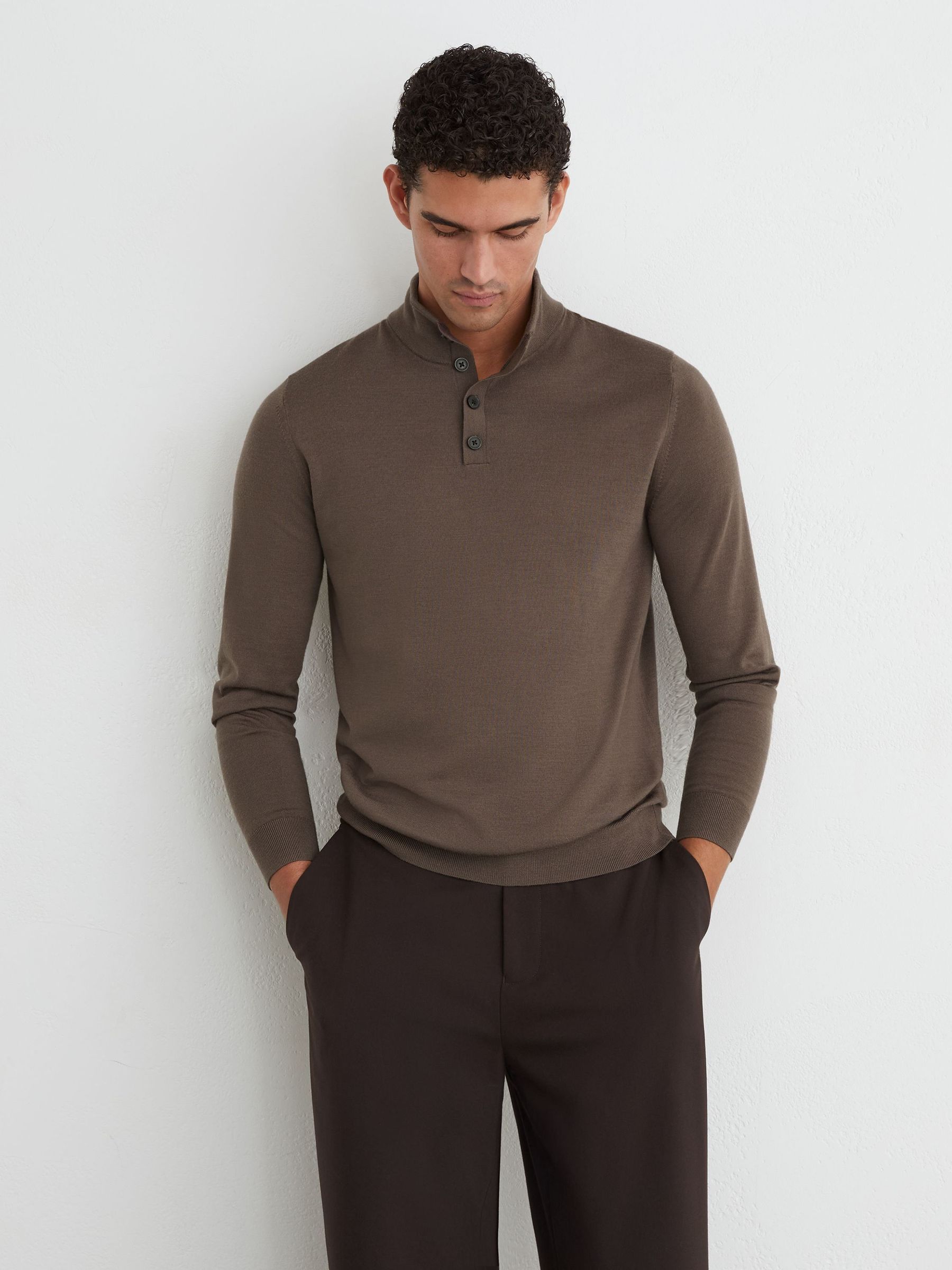 Ridge Brown - Regular Wool Half-button Funnel Jumper