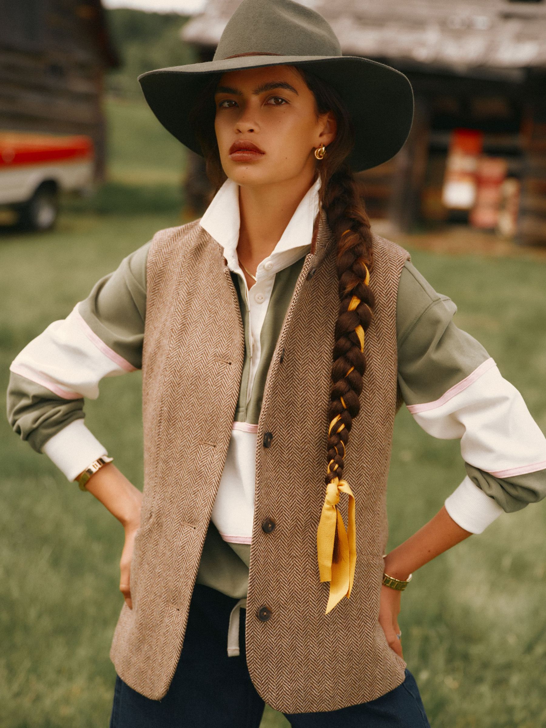 Brown - Tweed Wool Blend Nehru Collar Gilet