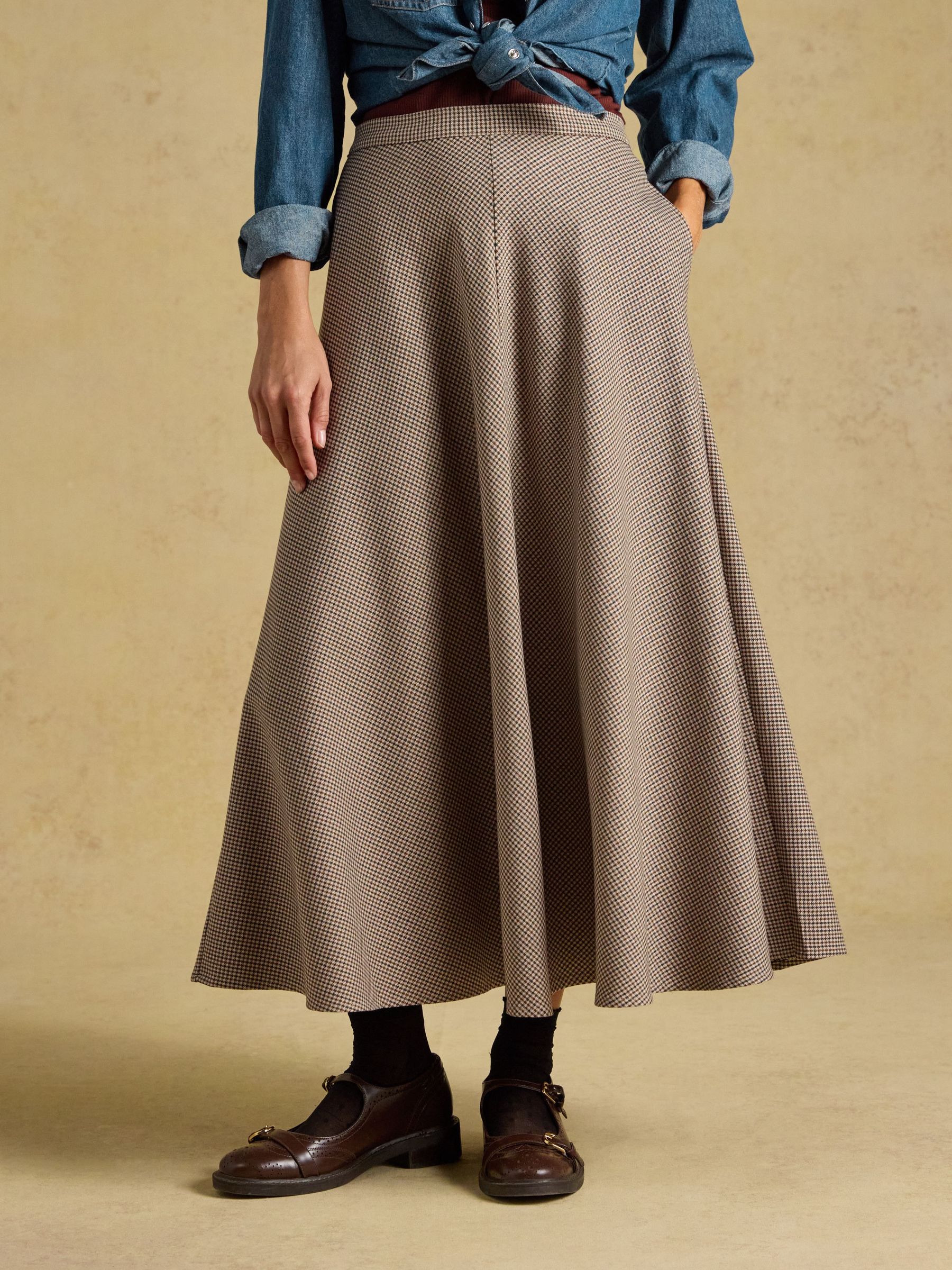 Brown Houndstooth - Panel Midi Skirt