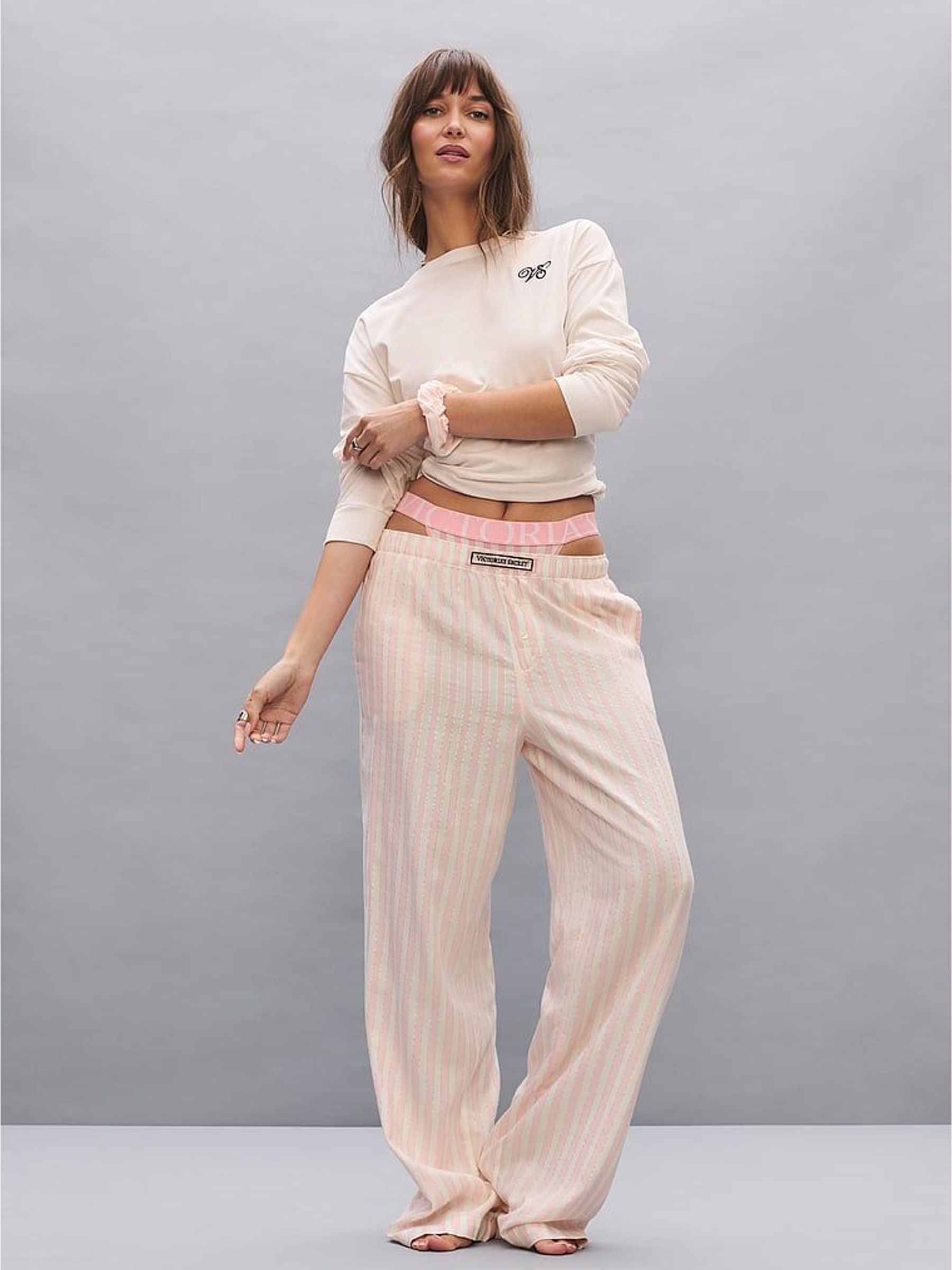 White & Pink Iconic Stripe - Long Sleeve Flannel Pyjamas Set