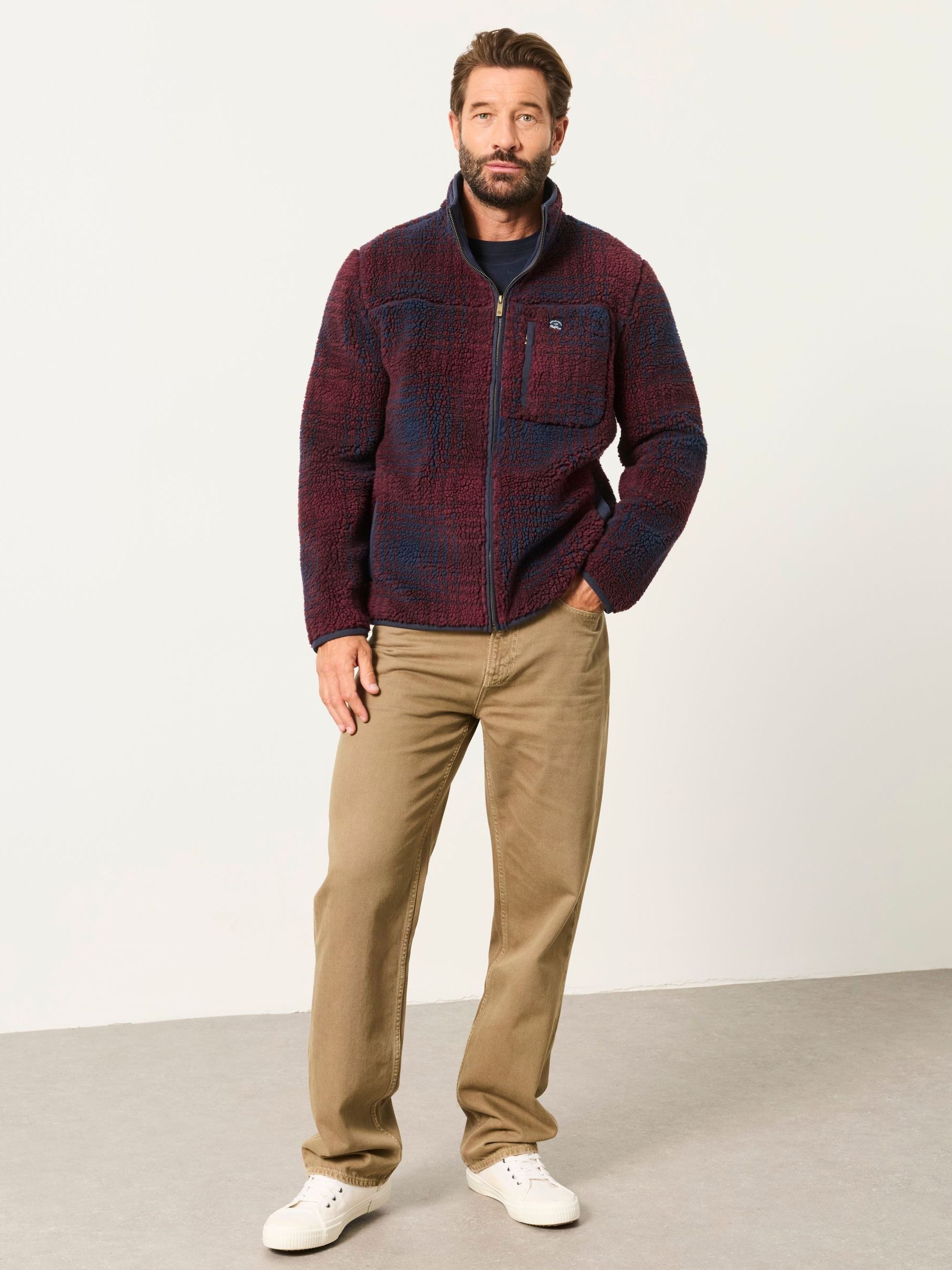 Navy - Regular Collared Check Zip Through Fleece