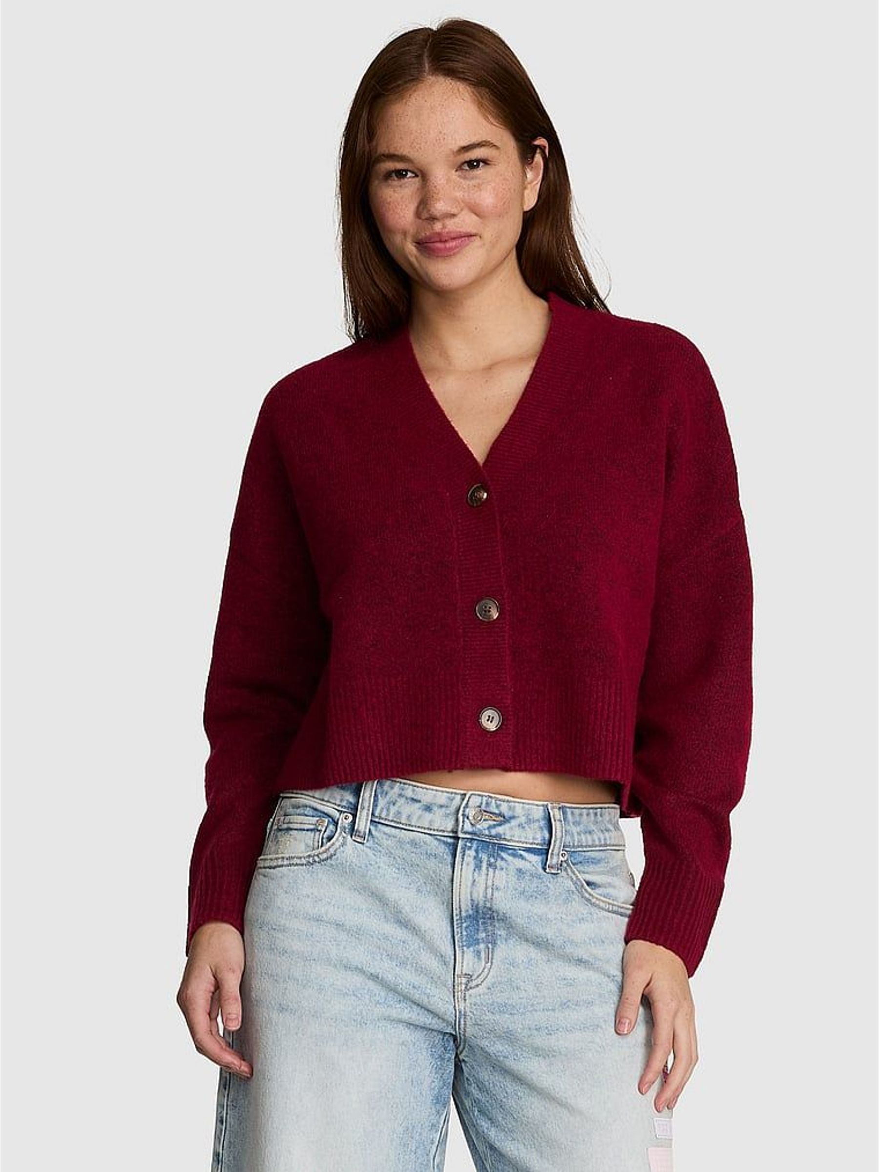 Red Lacquer - Cropped V-neck Cardigan