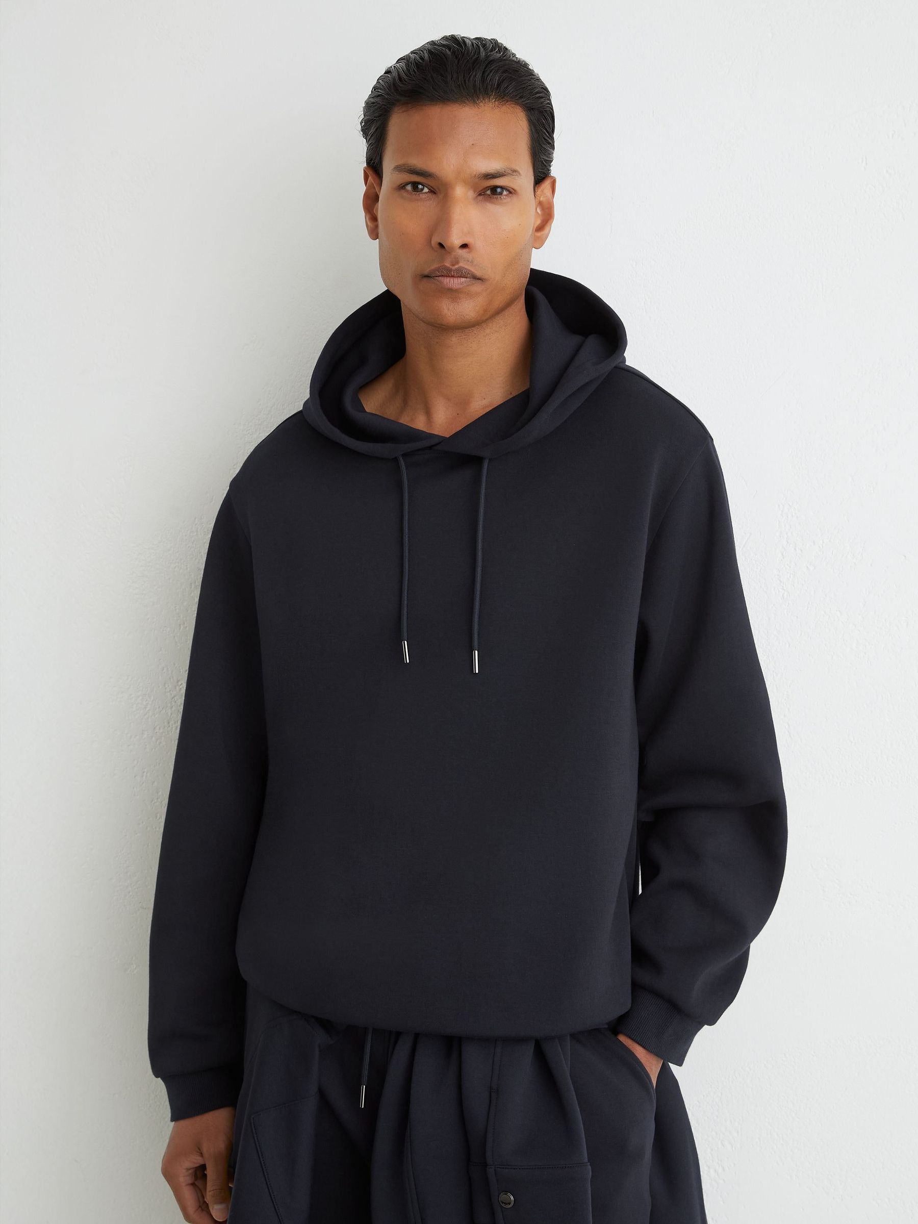 Navy - Regular Sueded Interlock Jersey Relaxed-fit Hoodie