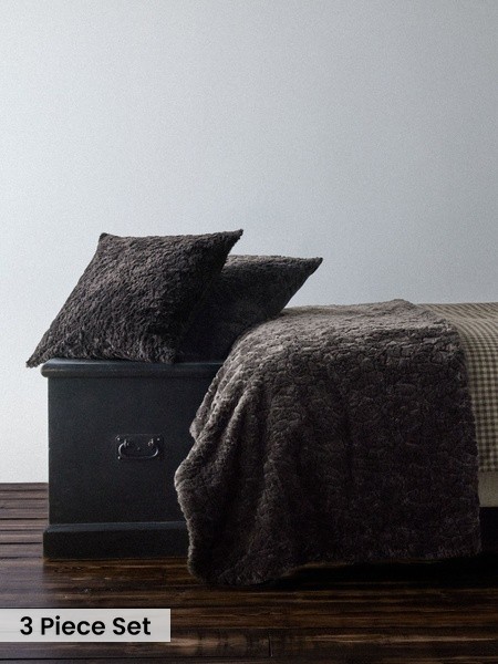 The Set 3 Piece Textured Faux Fur Throw And Cushion Covers