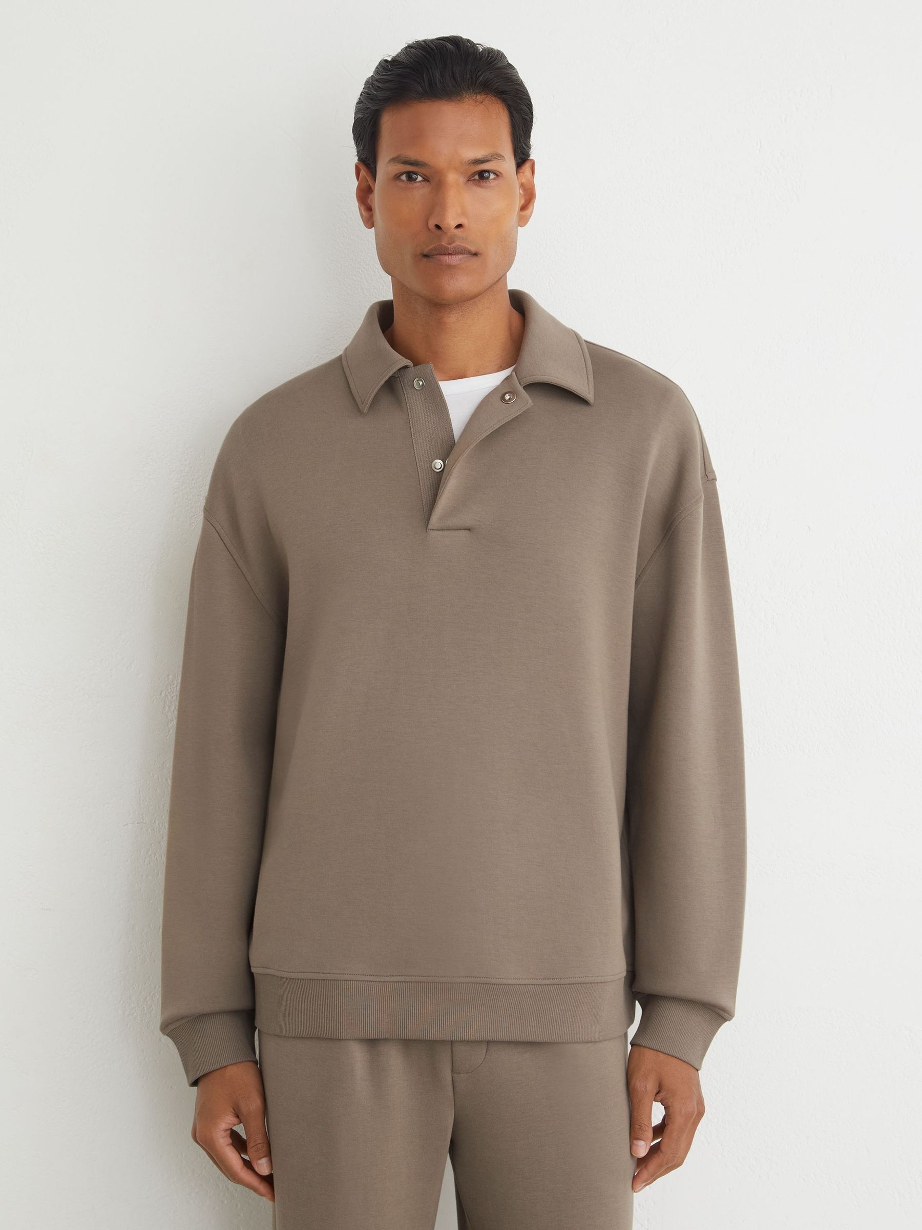 Mushroom Brown - Regular Sueded Interlock Jersey Relaxed Polo Sweatshirt