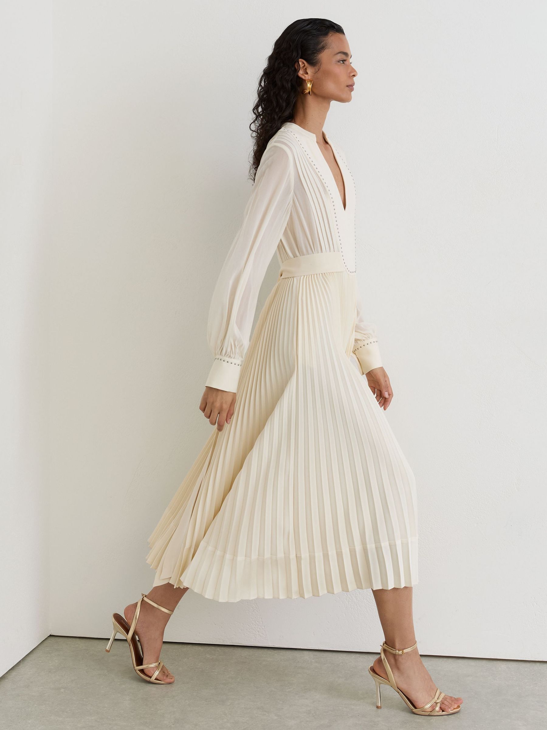 Cream - Stud-detail Pleated Midi Dress