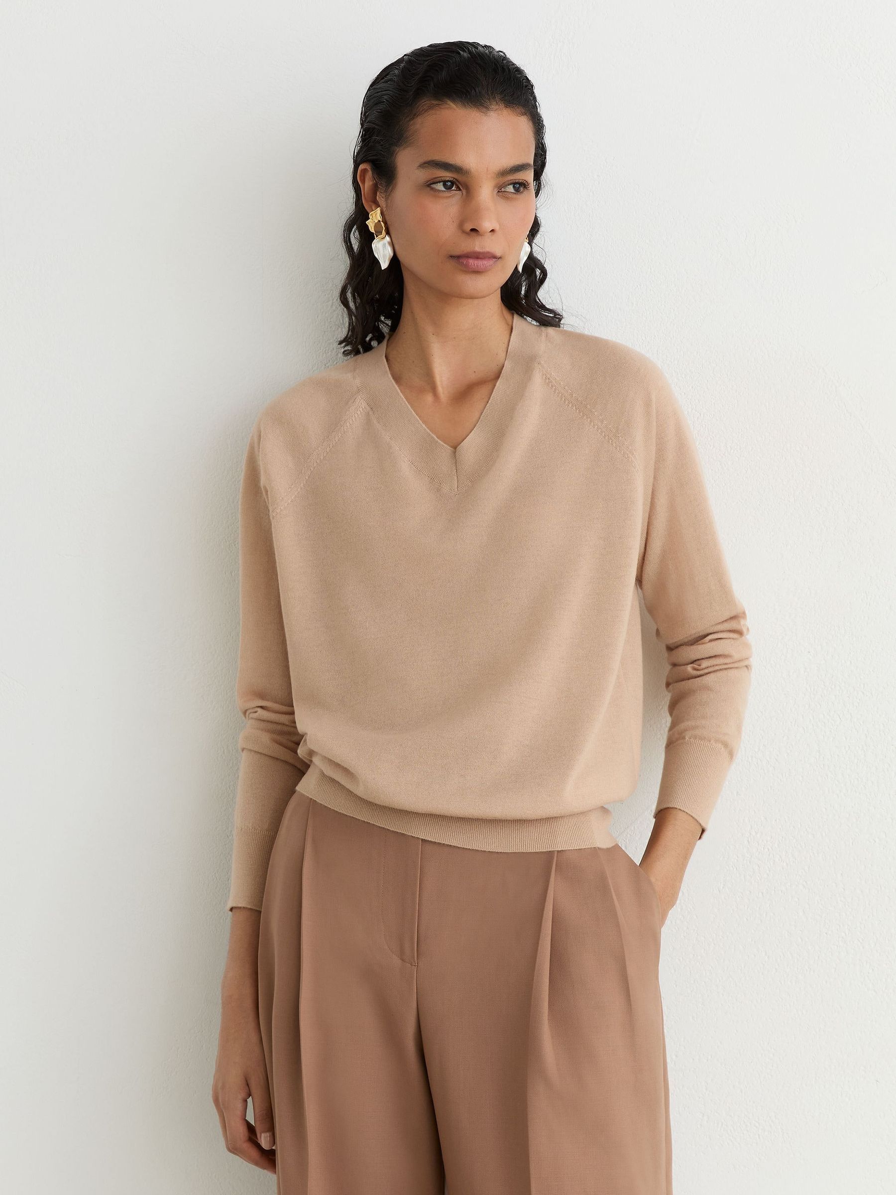 Camel - Merino Wool V-neck Jumper