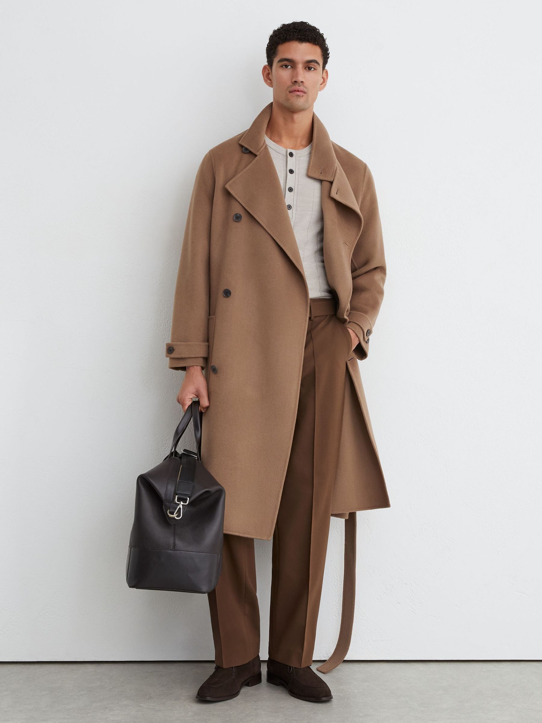 Camel Brown - Regular Wool-blend Blindseam Belted Overcoat
