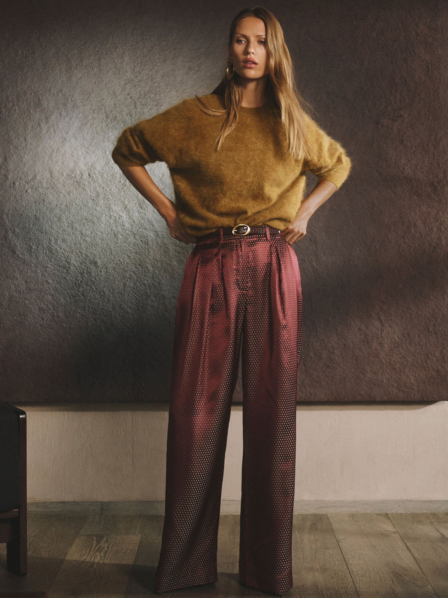 Burgundy Red - Jacquard Wide-leg Pleated Trousers