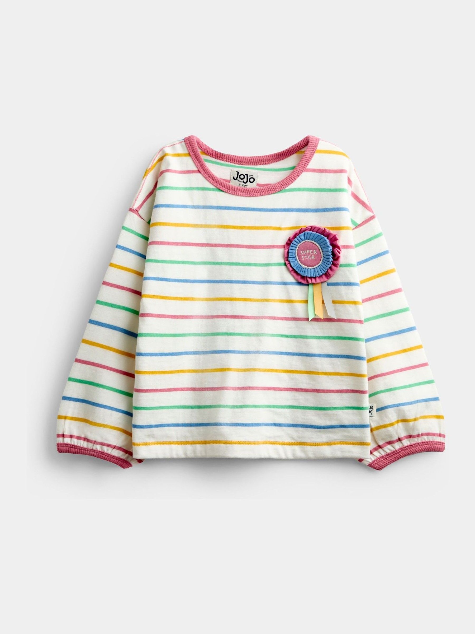 Multicolour Stripe Rosette - Appliqué Long Sleeve Top