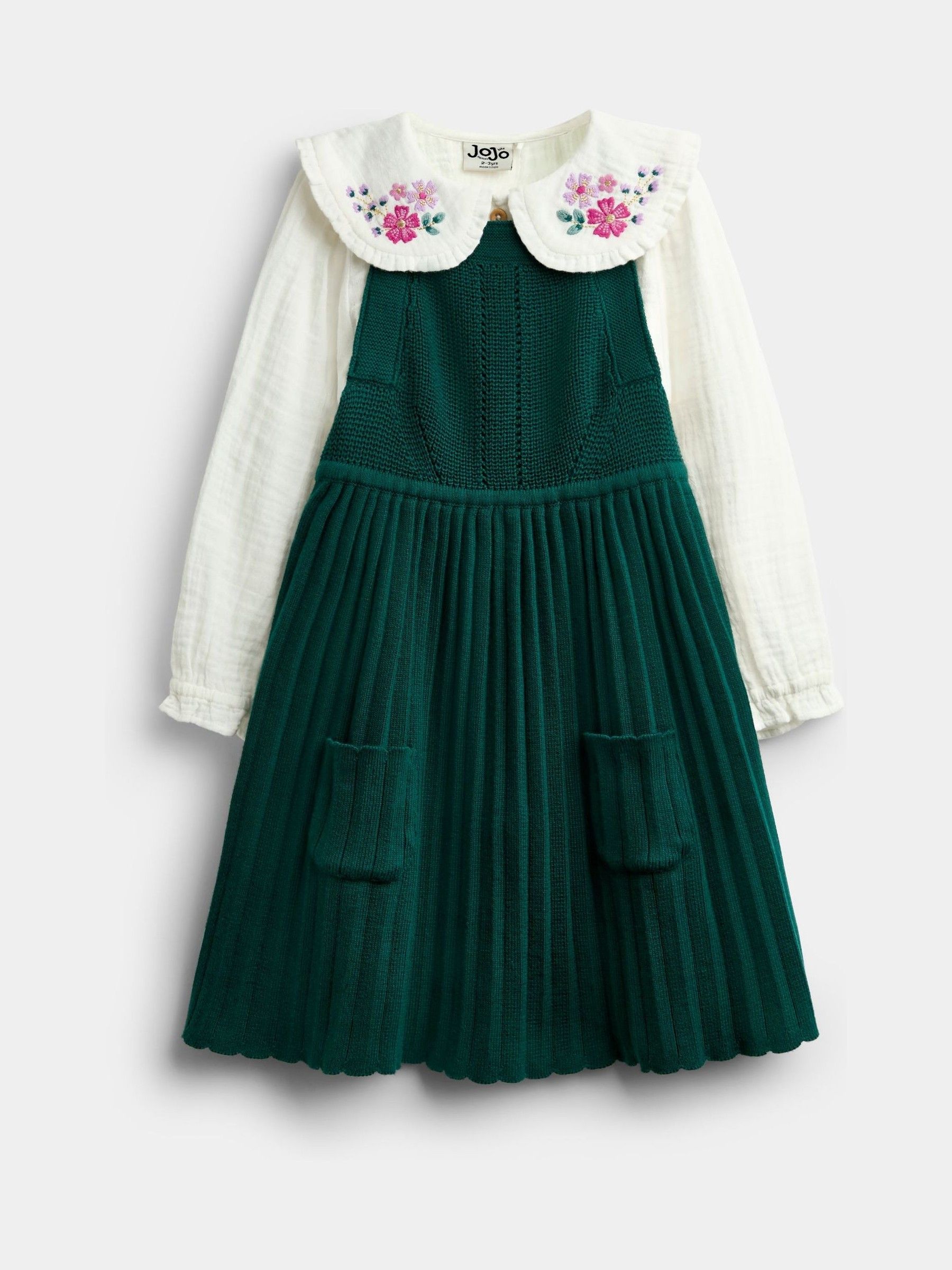Emerald Green - Knitted Pinny & Embroidered Blouse Set