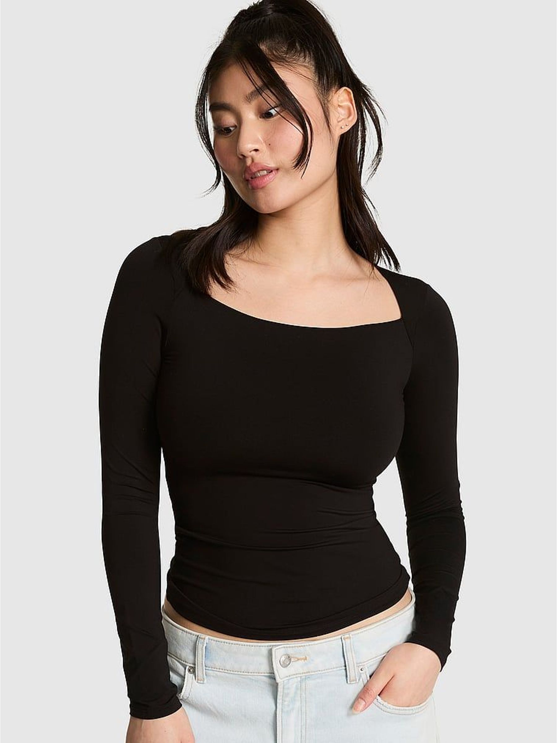 Black - Long Sleeve Boatneck Top
